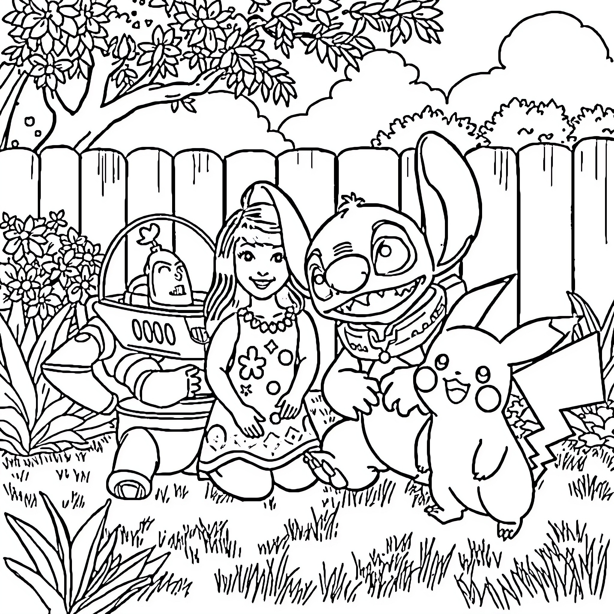 Lilo and Stitch playing happily in the garden Coloring Page (free black-and-white line drawing printable PDF for all, from beginners to advanced learners, including children, teens, adults, and seniors)