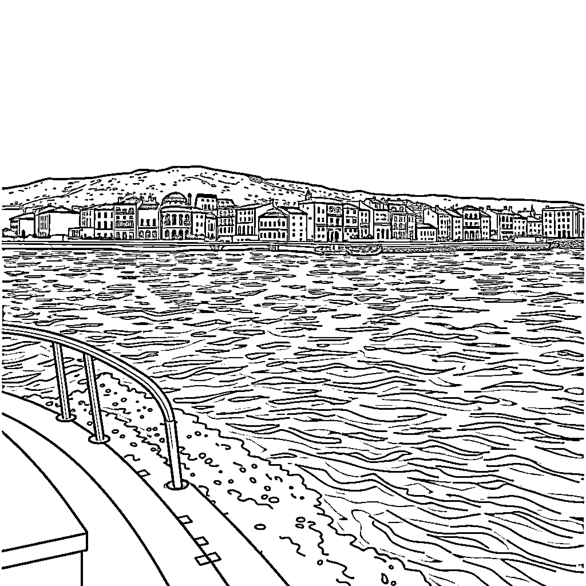 Limassol cityscape by the waterfront Coloring Page (free black-and-white line drawing printable PDF for all, from beginners to advanced learners, including children, teens, adults, and seniors)