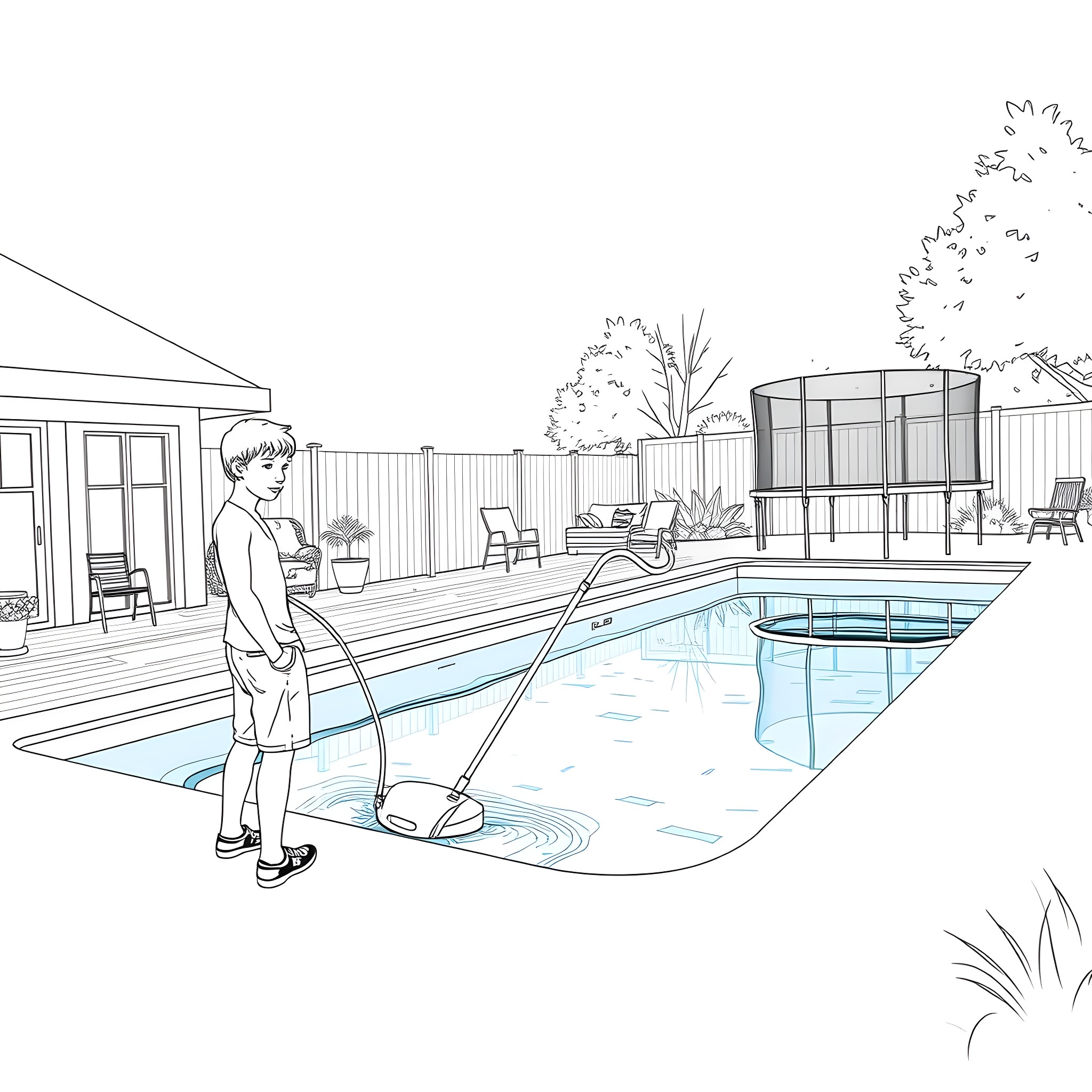 Teen Guy Cleaning the Pool on a Sunny Day Coloring Page (free black-and-white line drawing printable PDF for all, from beginners to advanced learners, including children, teens, adults, and seniors)