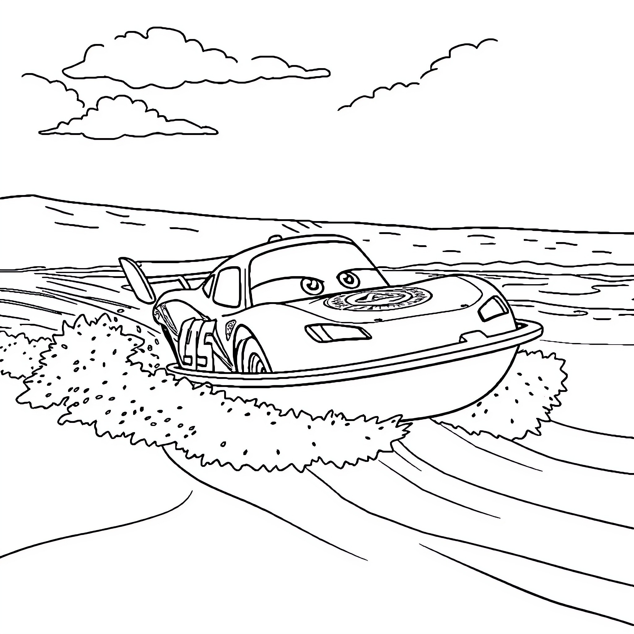 Lightning McQueen racing on the waves Coloring Page (free black-and-white line drawing printable PDF for all, from beginners to advanced learners, including children, teens, adults, and seniors)