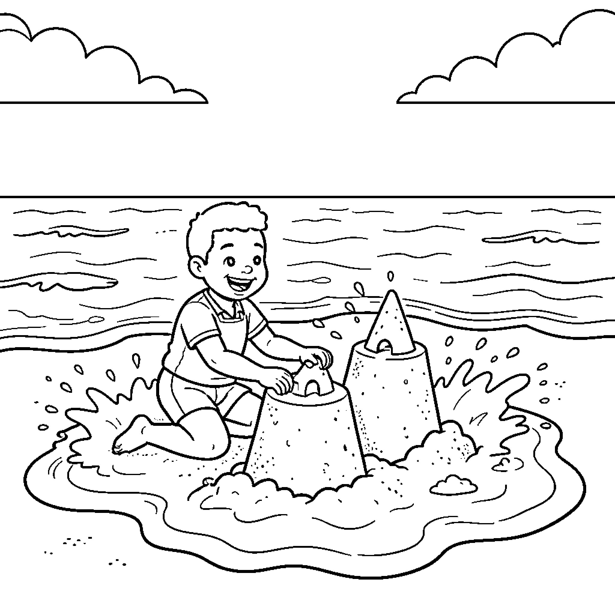 Trotro playing with sandcastles on the beach Coloring Page (free black-and-white line drawing printable PDF for all, from beginners to advanced learners, including children, teens, adults, and seniors)