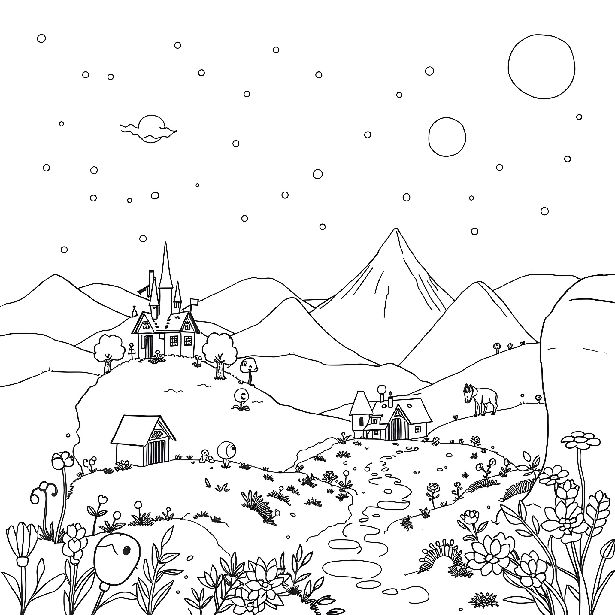 Studio Ghibli inspired landscape with castle, mountains, and nature Coloring Page (free black-and-white line drawing printable PDF for all, from beginners to advanced learners, including children, teens, adults, and seniors)