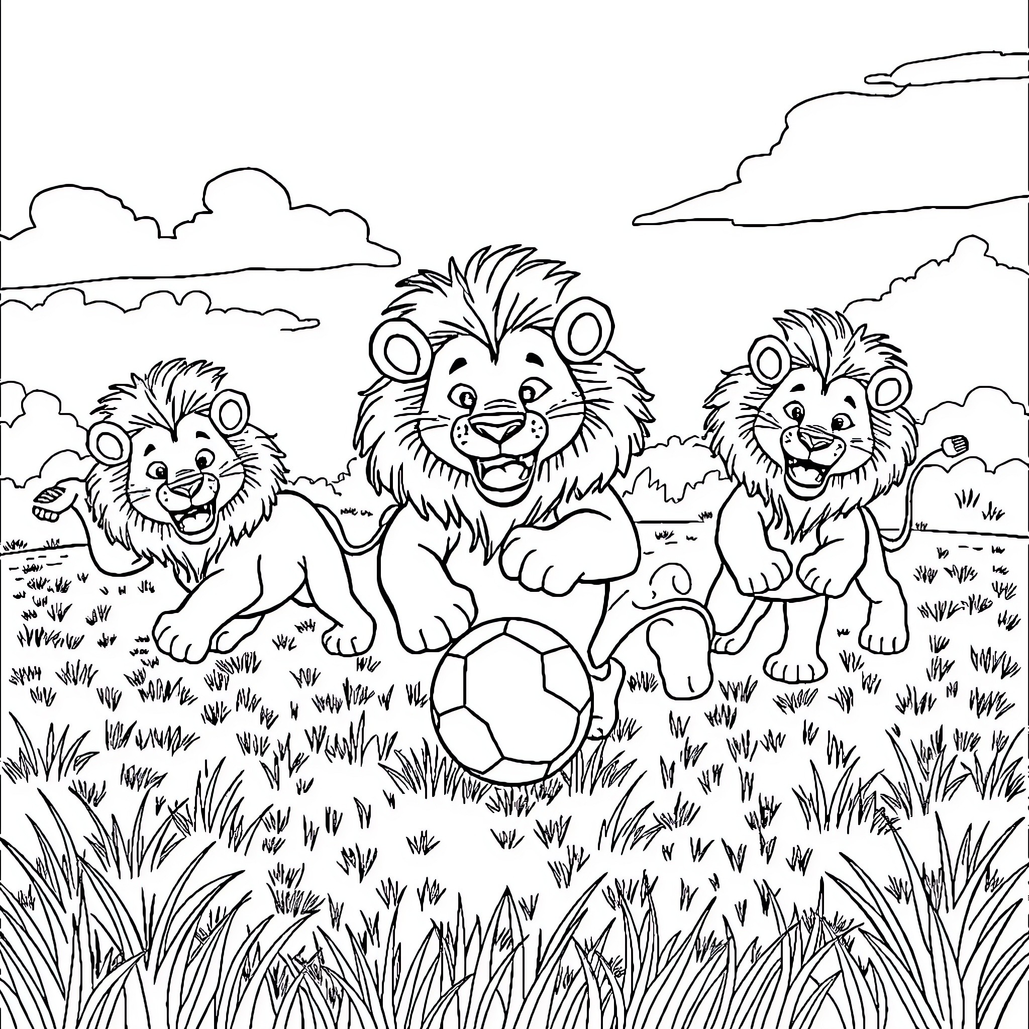 Lion Family Playing Together in the Grasslands Coloring Page (free black-and-white line drawing printable PDF for all, from beginners to advanced learners, including children, teens, adults, and seniors)