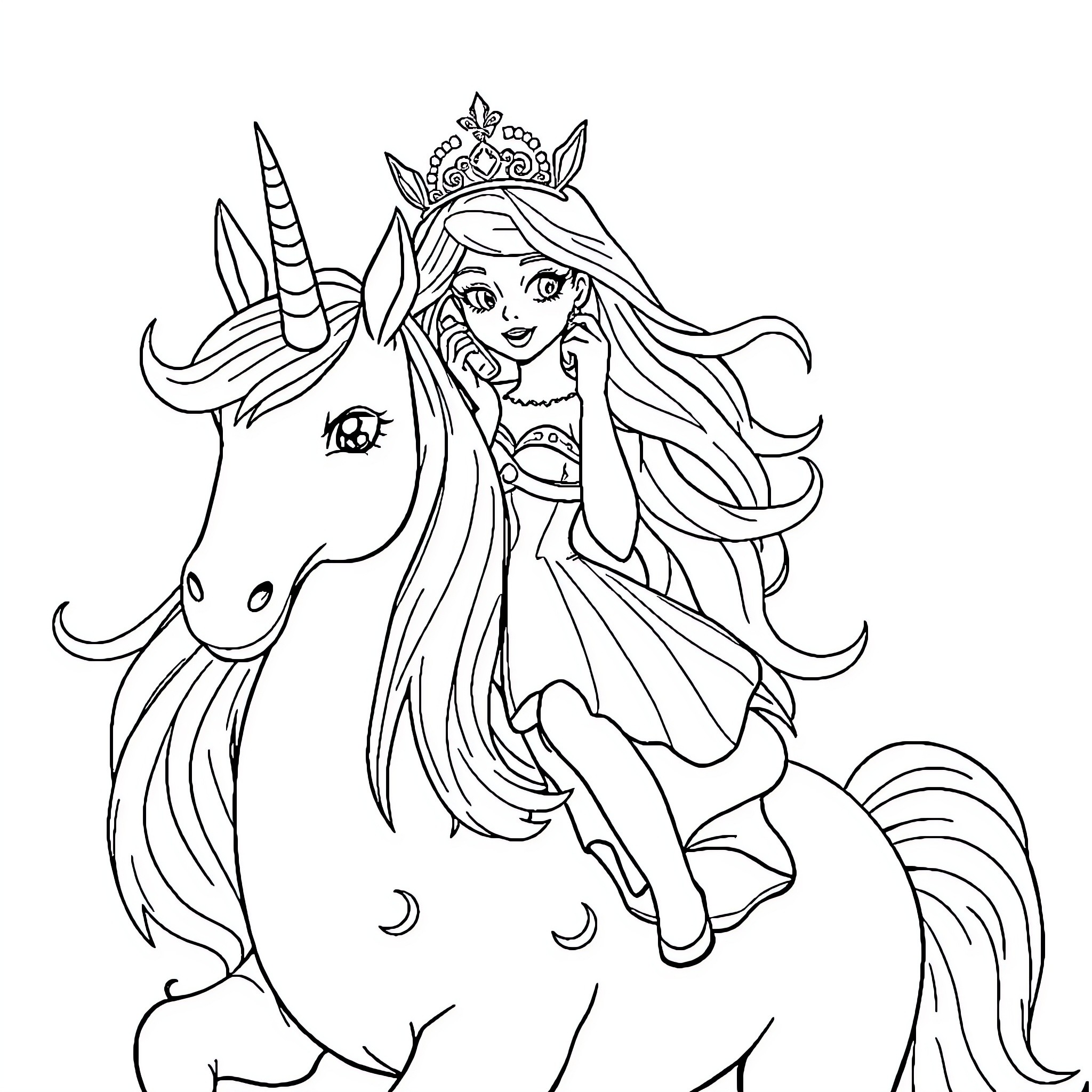 Princess and her Magical Unicorn Coloring Page (free black-and-white line drawing printable PDF for all, from beginners to advanced learners, including children, teens, adults, and seniors)