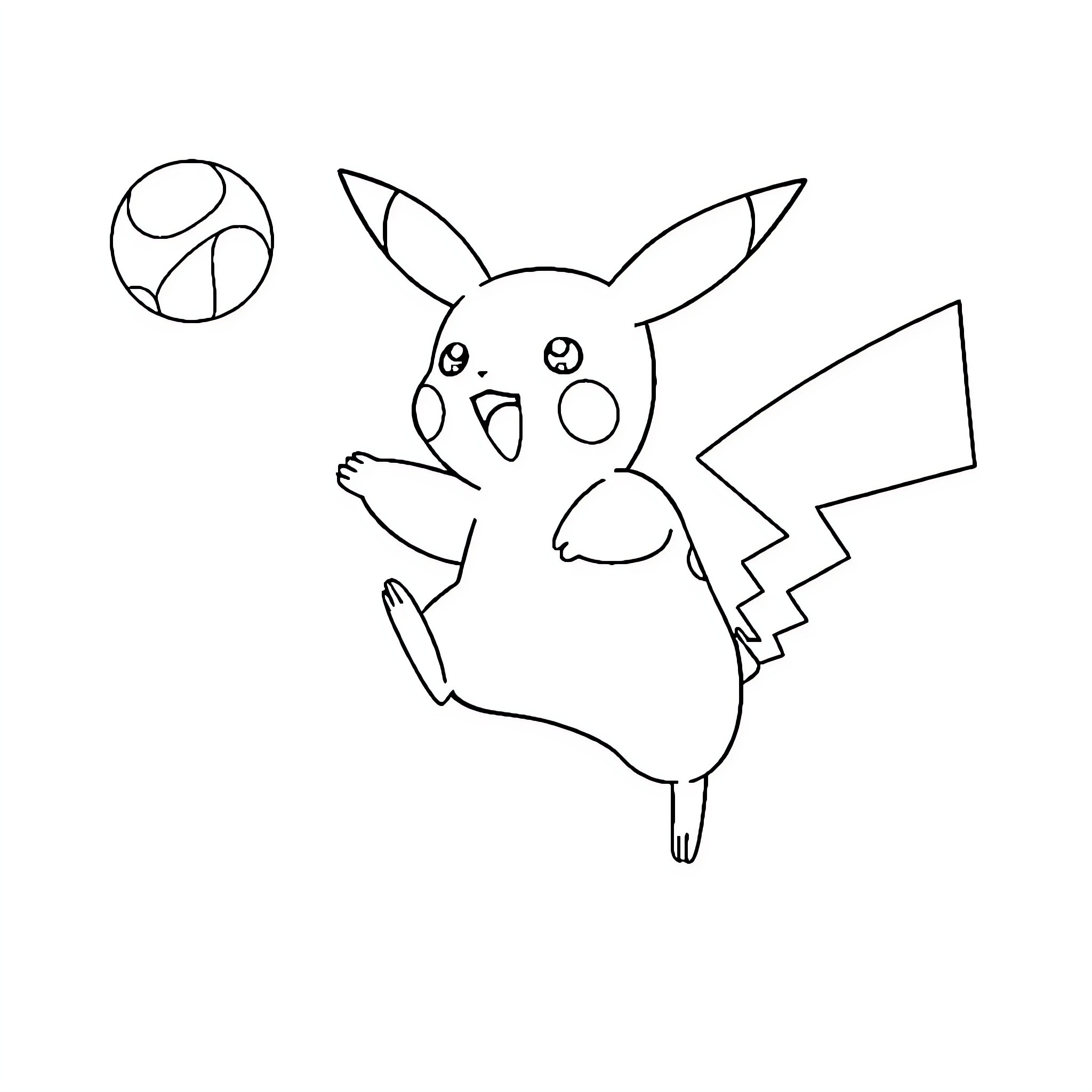 Pikachu happily playing with a ball Coloring Page (free black-and-white line drawing printable PDF for all, from beginners to advanced learners, including children, teens, adults, and seniors)