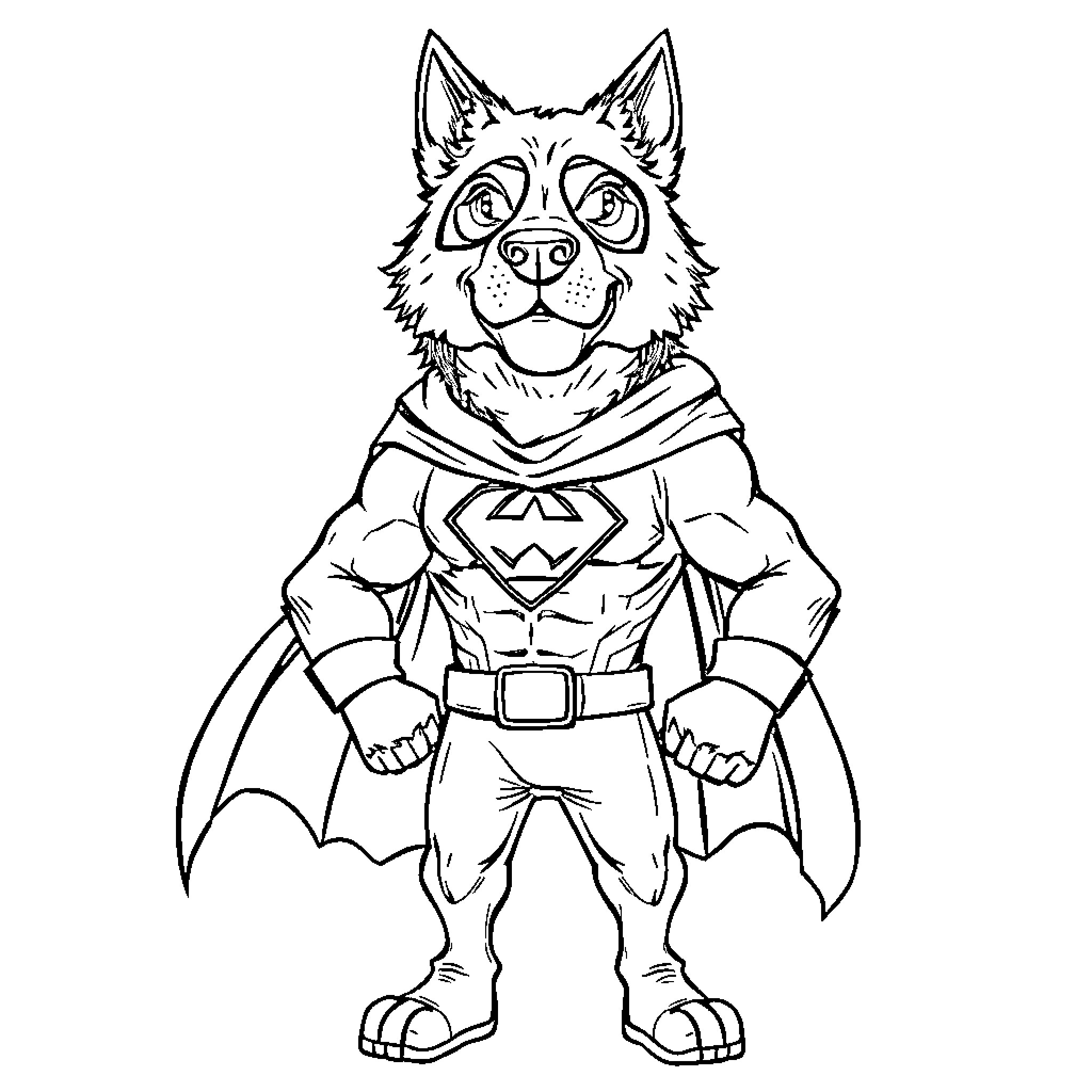 Dog Man in Superhero Costume Coloring Page (free black-and-white line drawing printable PDF for all, from beginners to advanced learners, including children, teens, adults, and seniors)