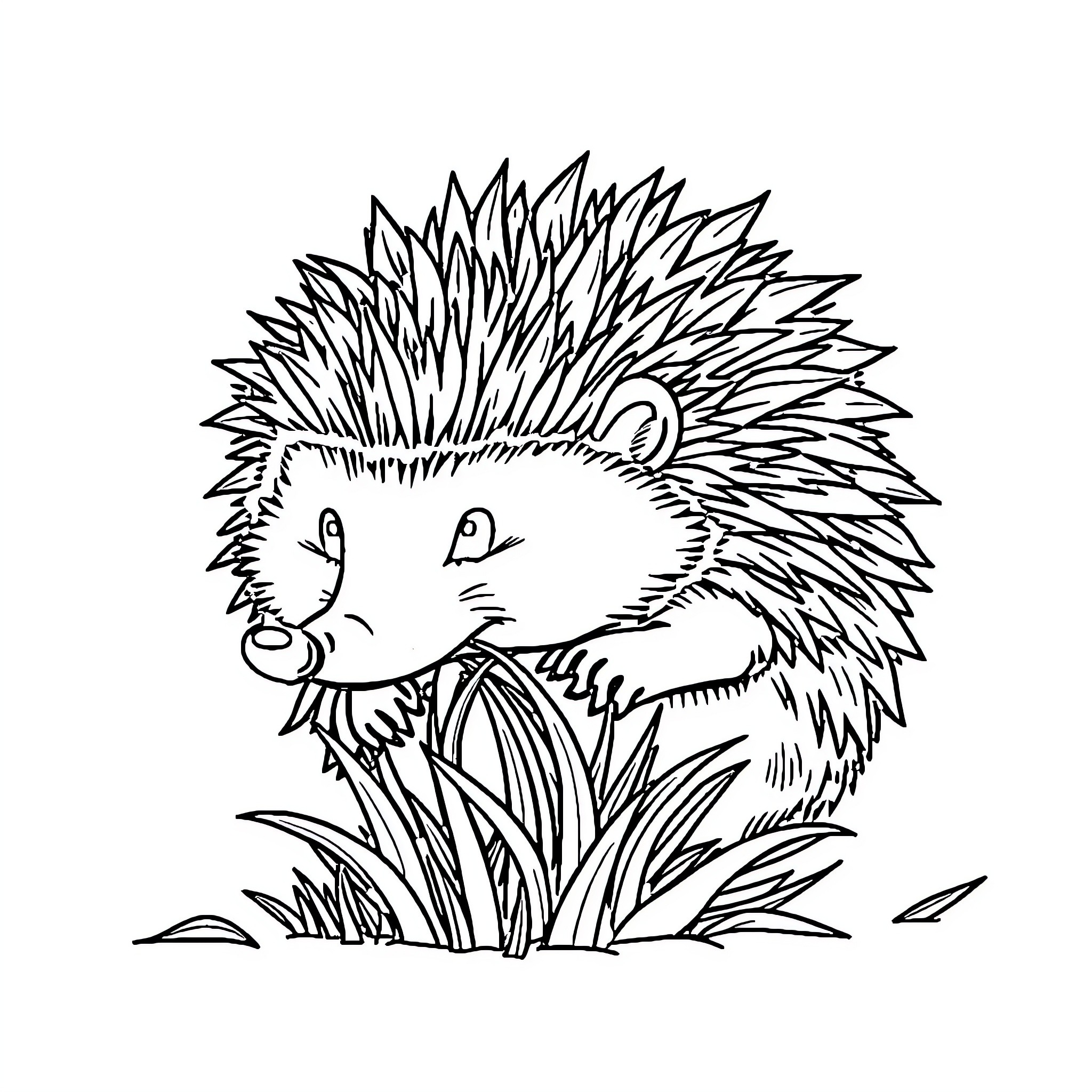 Hedgehog peeking curiously from tall grass Coloring Page (free black-and-white line drawing printable PDF for all, from beginners to advanced learners, including children, teens, adults, and seniors)