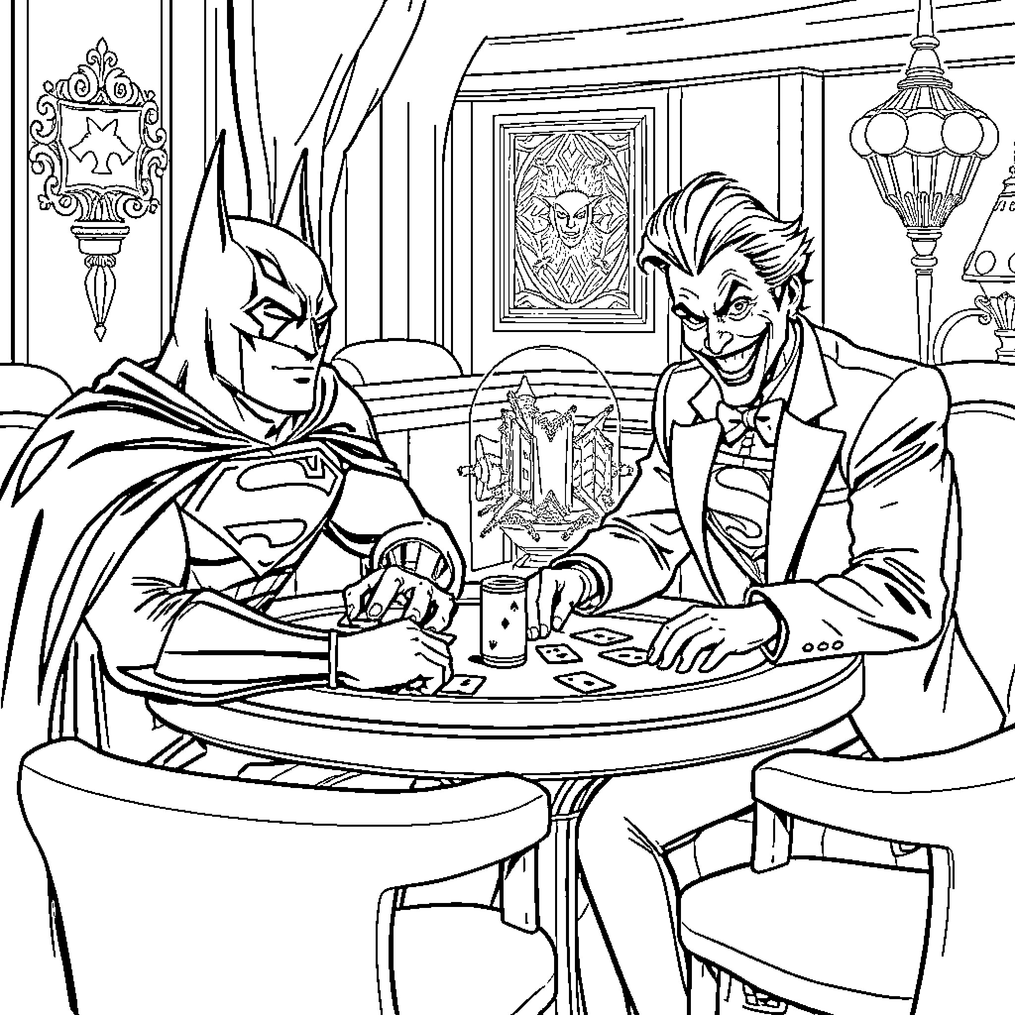 Superman and Joker playing cards in a fancy room Coloring Page (free black-and-white line drawing printable PDF for all, from beginners to advanced learners, including children, teens, adults, and seniors)