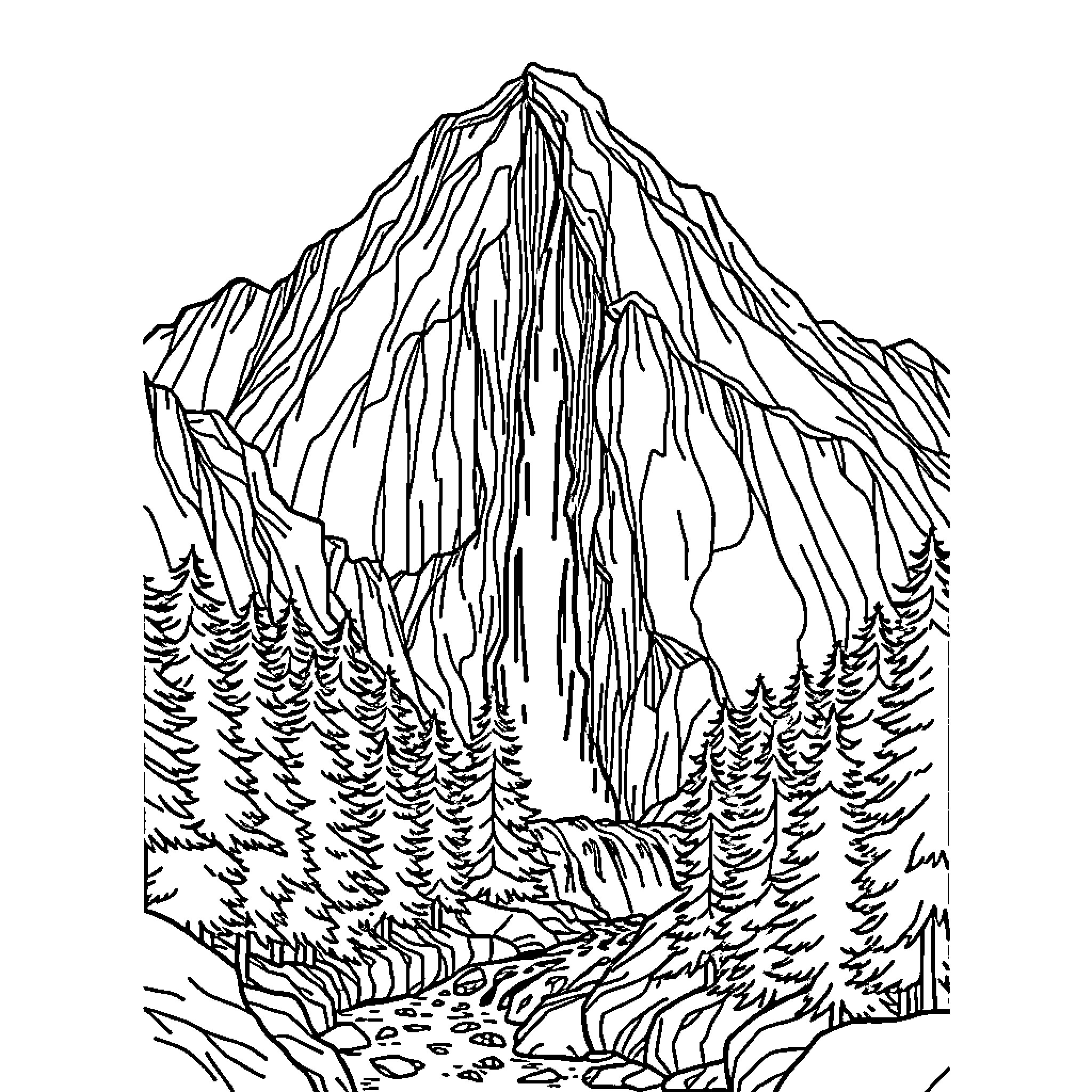 Mountain Landscape with Winding Path and Pine Trees Coloring Page (free black-and-white line drawing printable PDF for all, from beginners to advanced learners, including children, teens, adults, and seniors)