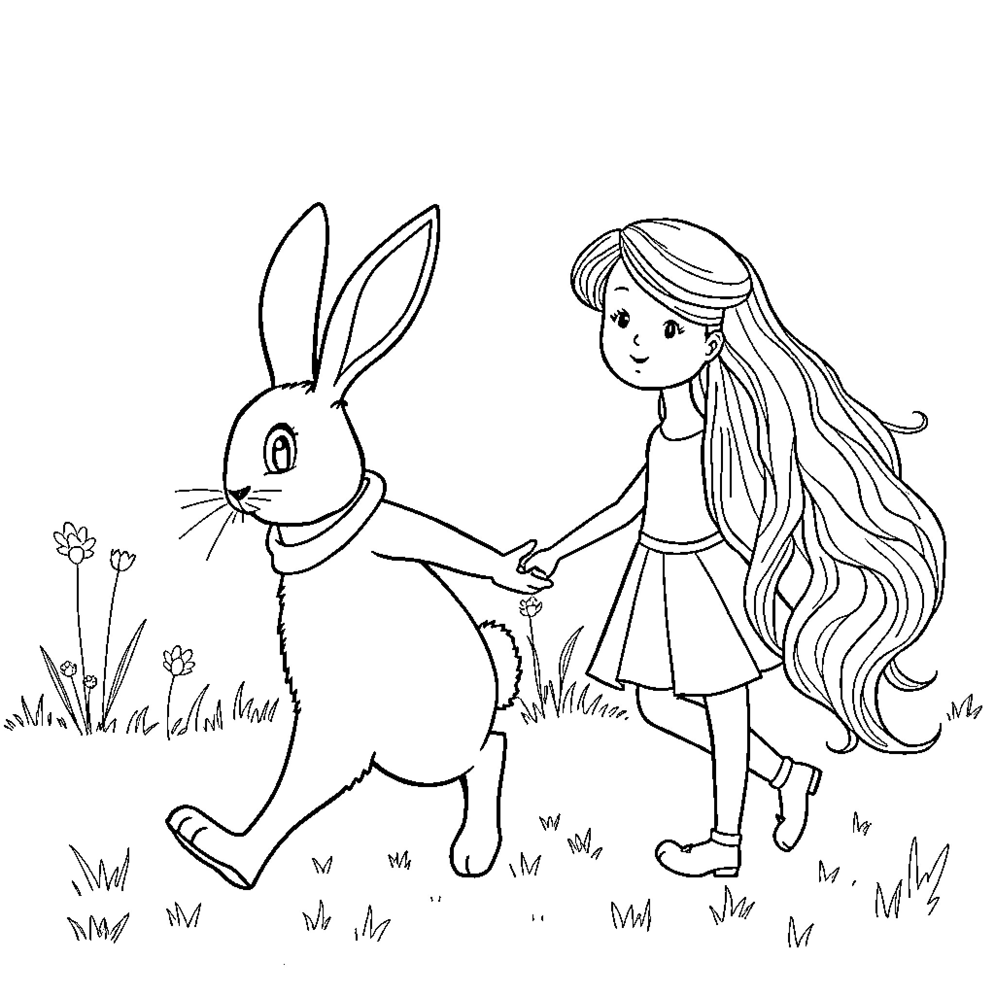 Hare and girl exploring the meadow Coloring Page (free black-and-white line drawing printable PDF for all, from beginners to advanced learners, including children, teens, adults, and seniors)