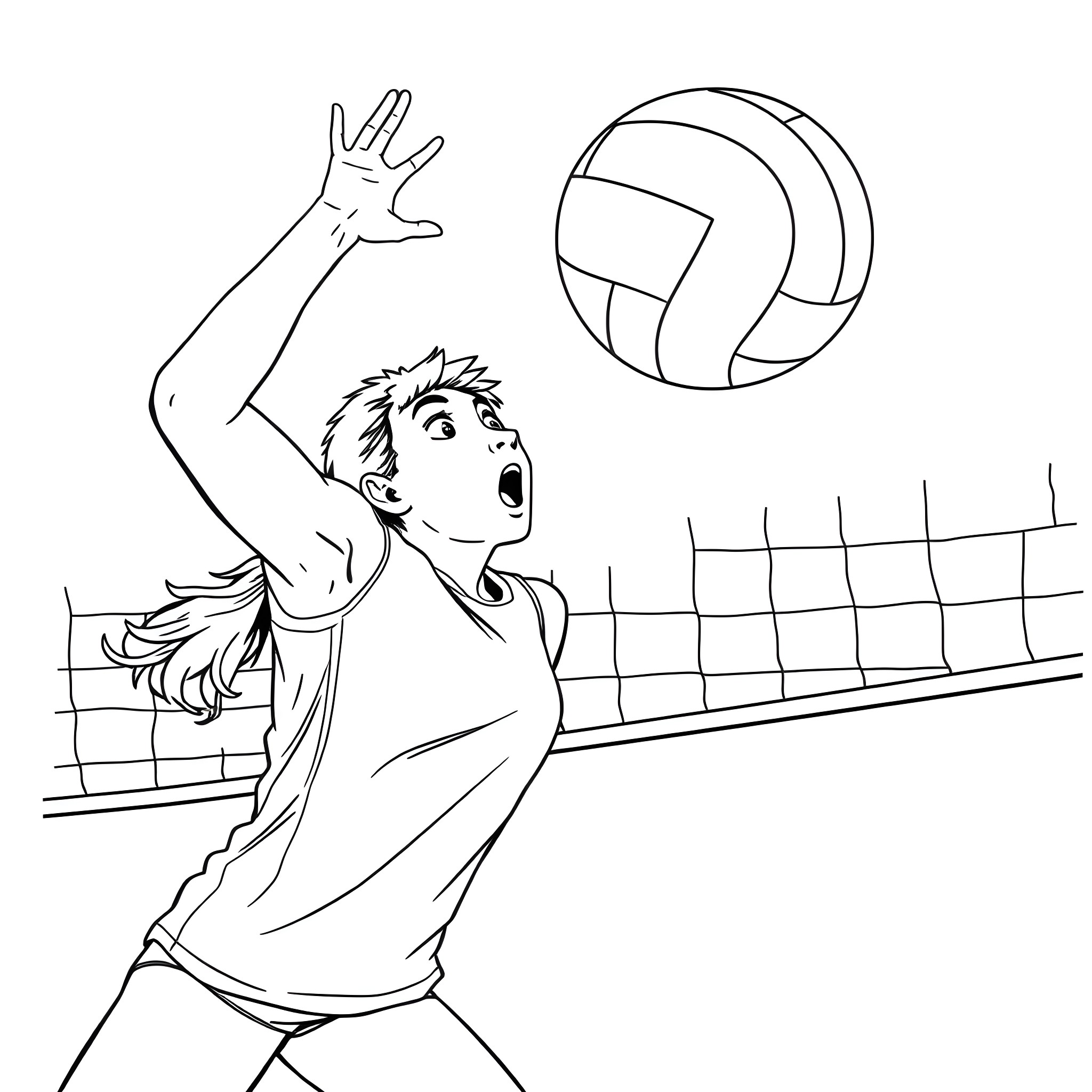 Volleyball player excited during the game Coloring Page (free black-and-white line drawing printable PDF for all, from beginners to advanced learners, including children, teens, adults, and seniors)