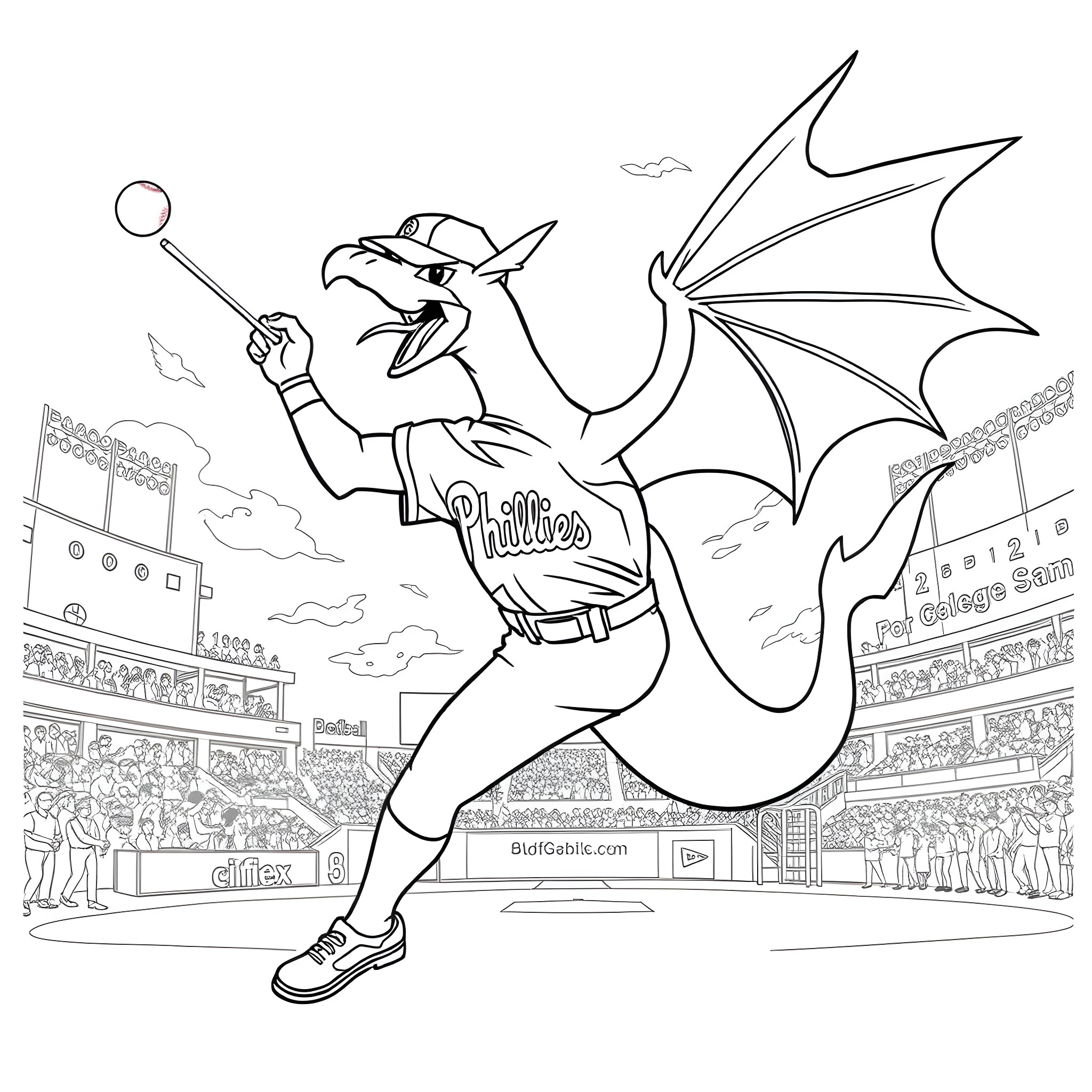 Charizard playing baseball in the stadium Coloring Page (free black-and-white line drawing printable PDF for all, from beginners to advanced learners, including children, teens, adults, and seniors)