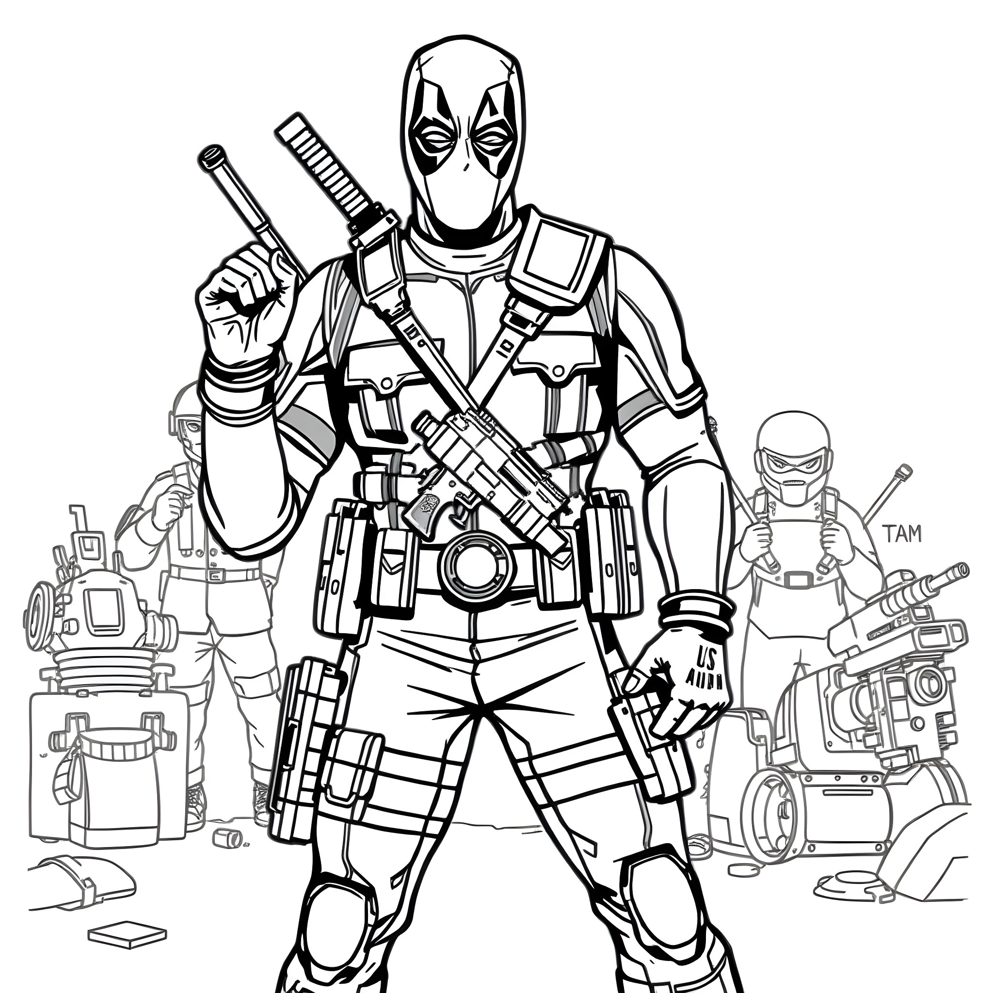 Deadpool's Unique Weaponry and Attire Coloring Page (free black-and-white line drawing printable PDF for all, from beginners to advanced learners, including children, teens, adults, and seniors)