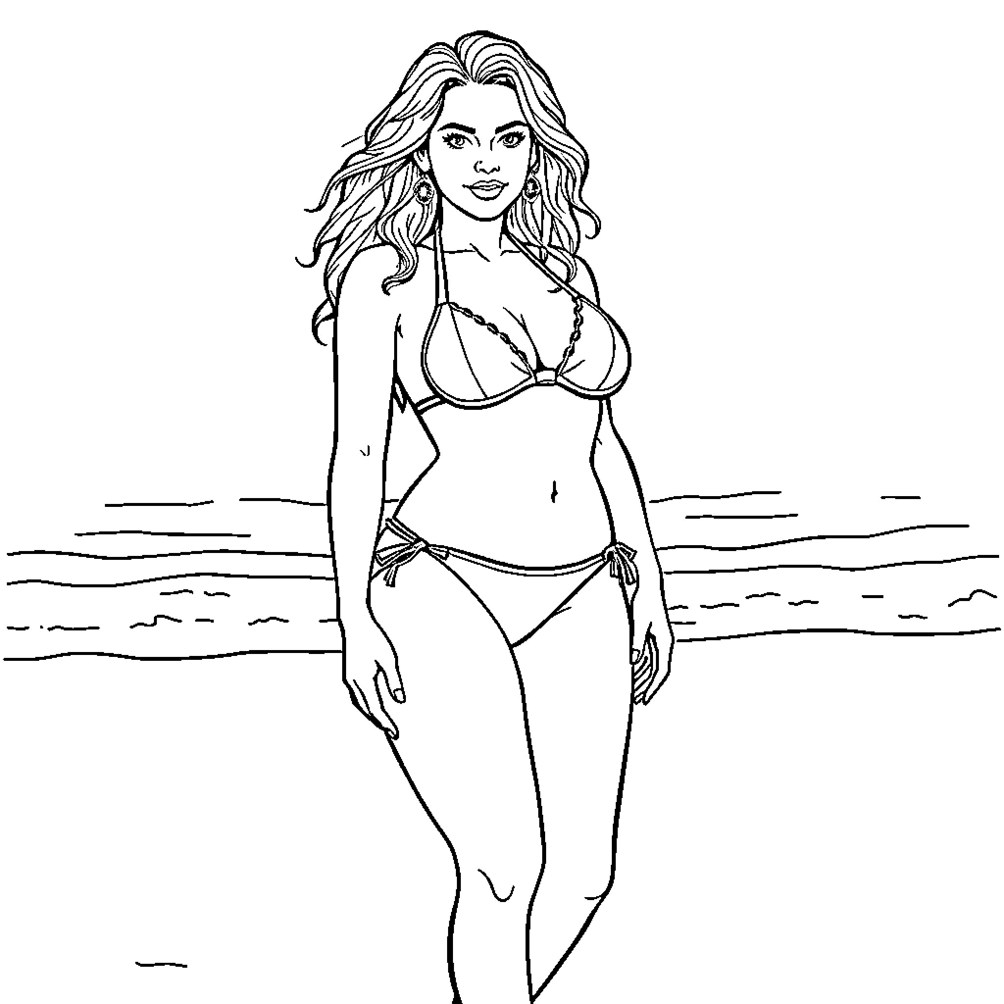 Woman posing confidently in beach attire Coloring Page (free black-and-white line drawing printable PDF for all, from beginners to advanced learners, including children, teens, adults, and seniors)