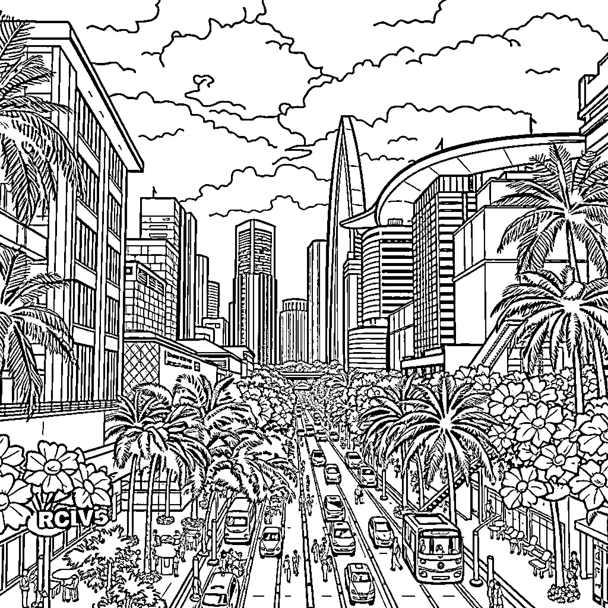 Singapore's bustling cityscape with vibrant palm trees Coloring Page (free black-and-white line drawing printable PDF for all, from beginners to advanced learners, including children, teens, adults, and seniors)