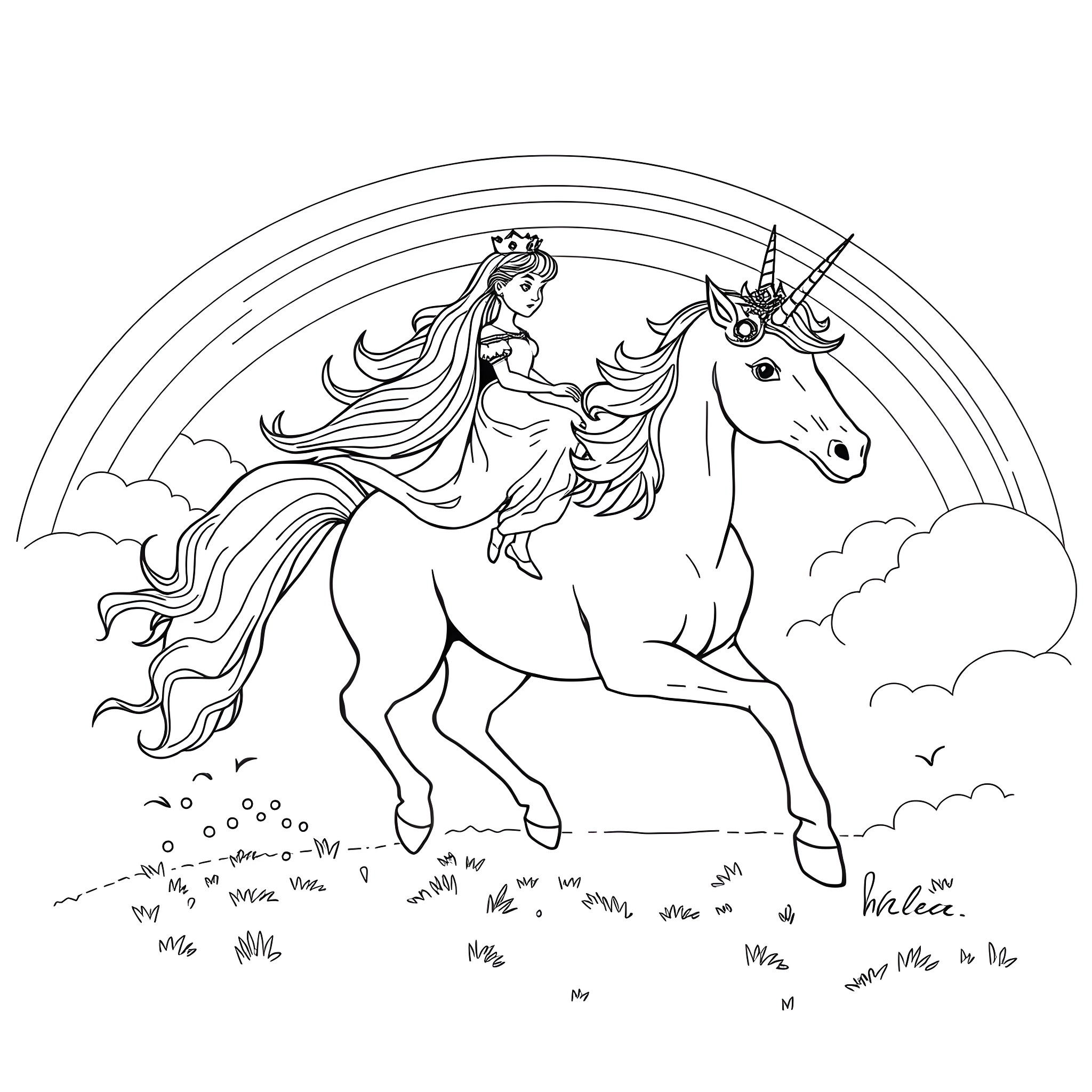 Unicorn Princess Riding Majestic Unicorn in Enchanted Field Coloring Page (free black-and-white line drawing printable PDF for all, from beginners to advanced learners, including children, teens, adults, and seniors)