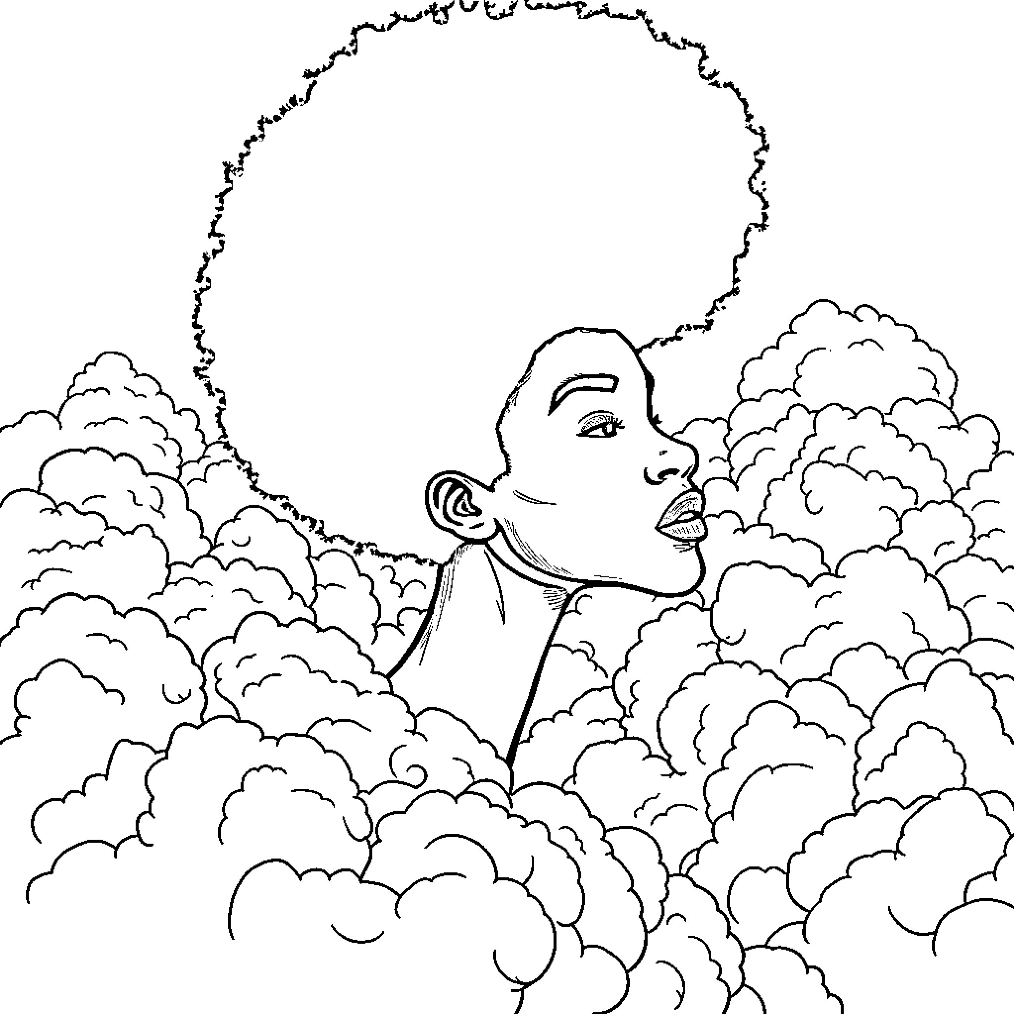 Afro in the Clouds Coloring Page (free black-and-white line drawing printable PDF for all, from beginners to advanced learners, including children, teens, adults, and seniors)