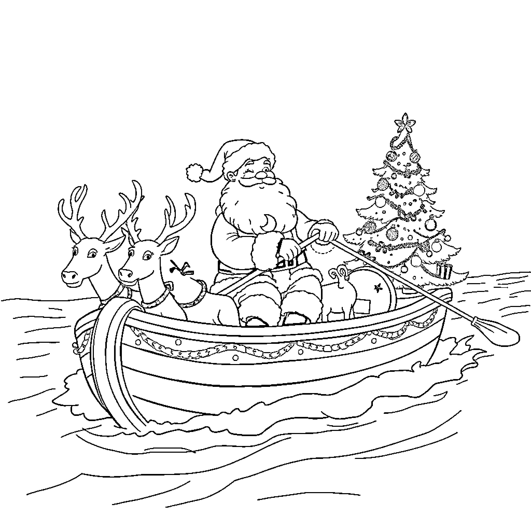 Santa sailing with reindeer on a Christmas boat Coloring Page (free black-and-white line drawing printable PDF for all, from beginners to advanced learners, including children, teens, adults, and seniors)