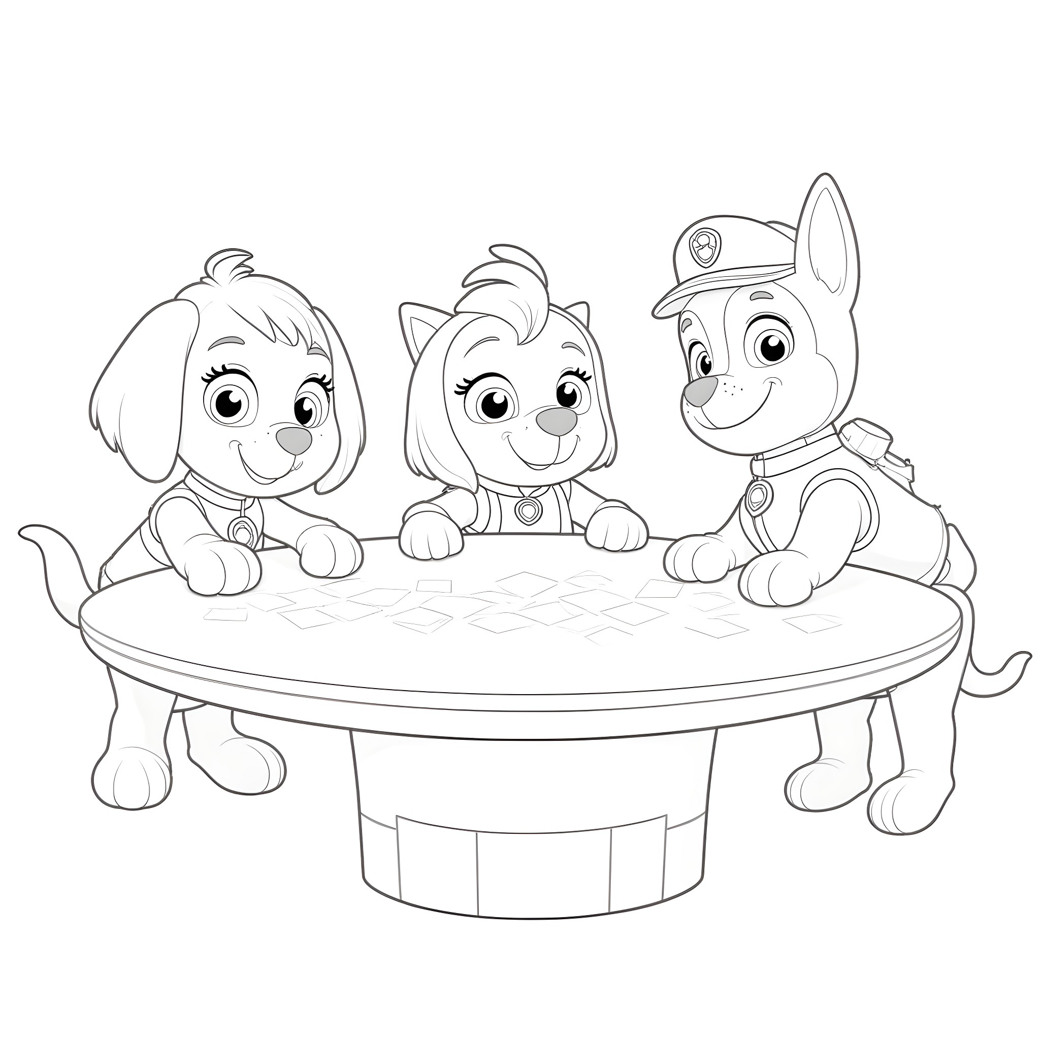 Paw Patrol puppies playing on a table Coloring Page (free black-and-white line drawing printable PDF for all, from beginners to advanced learners, including children, teens, adults, and seniors)