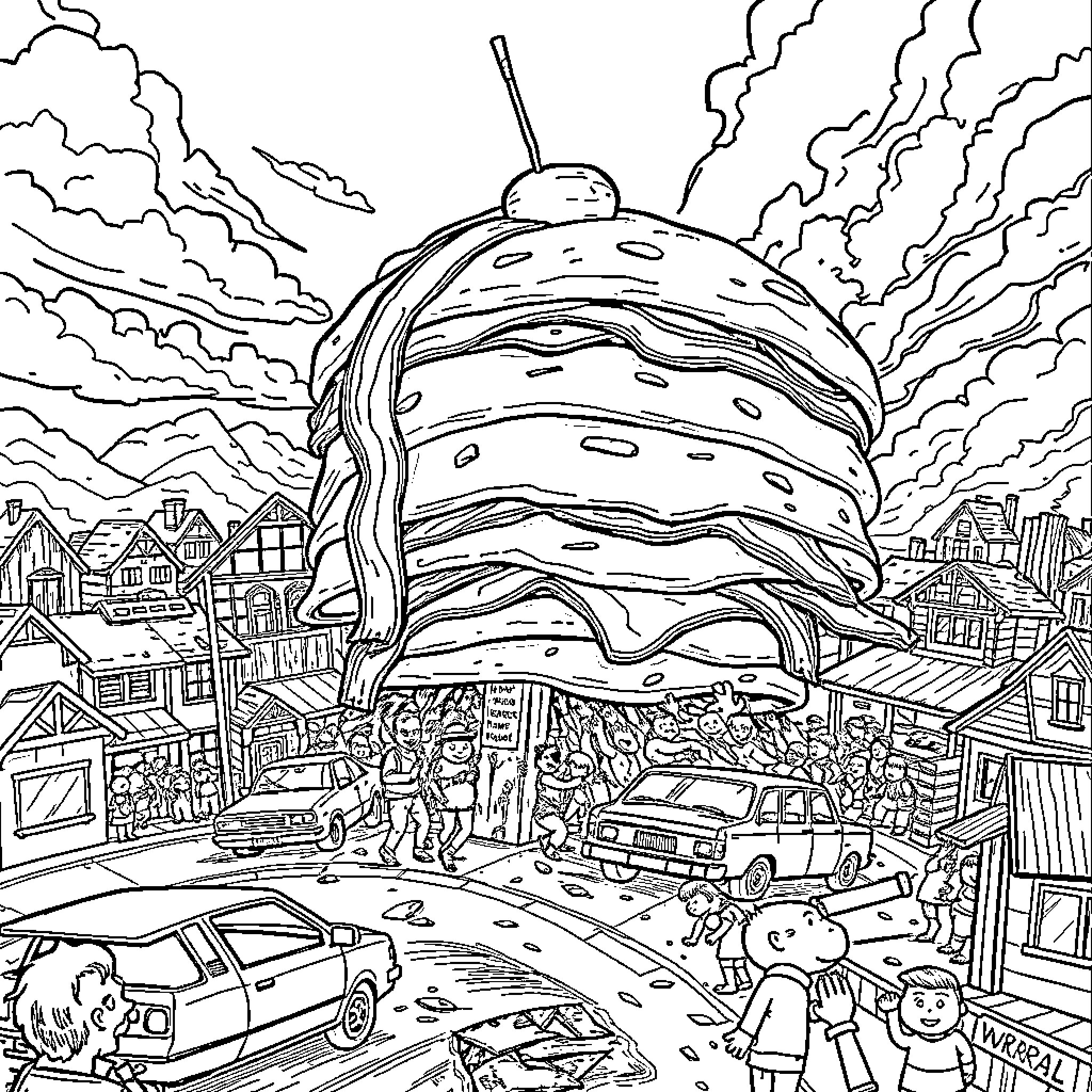 Pancake Invasion: A Towering Culinary Spectacle Coloring Page (free black-and-white line drawing printable PDF for all, from beginners to advanced learners, including children, teens, adults, and seniors)