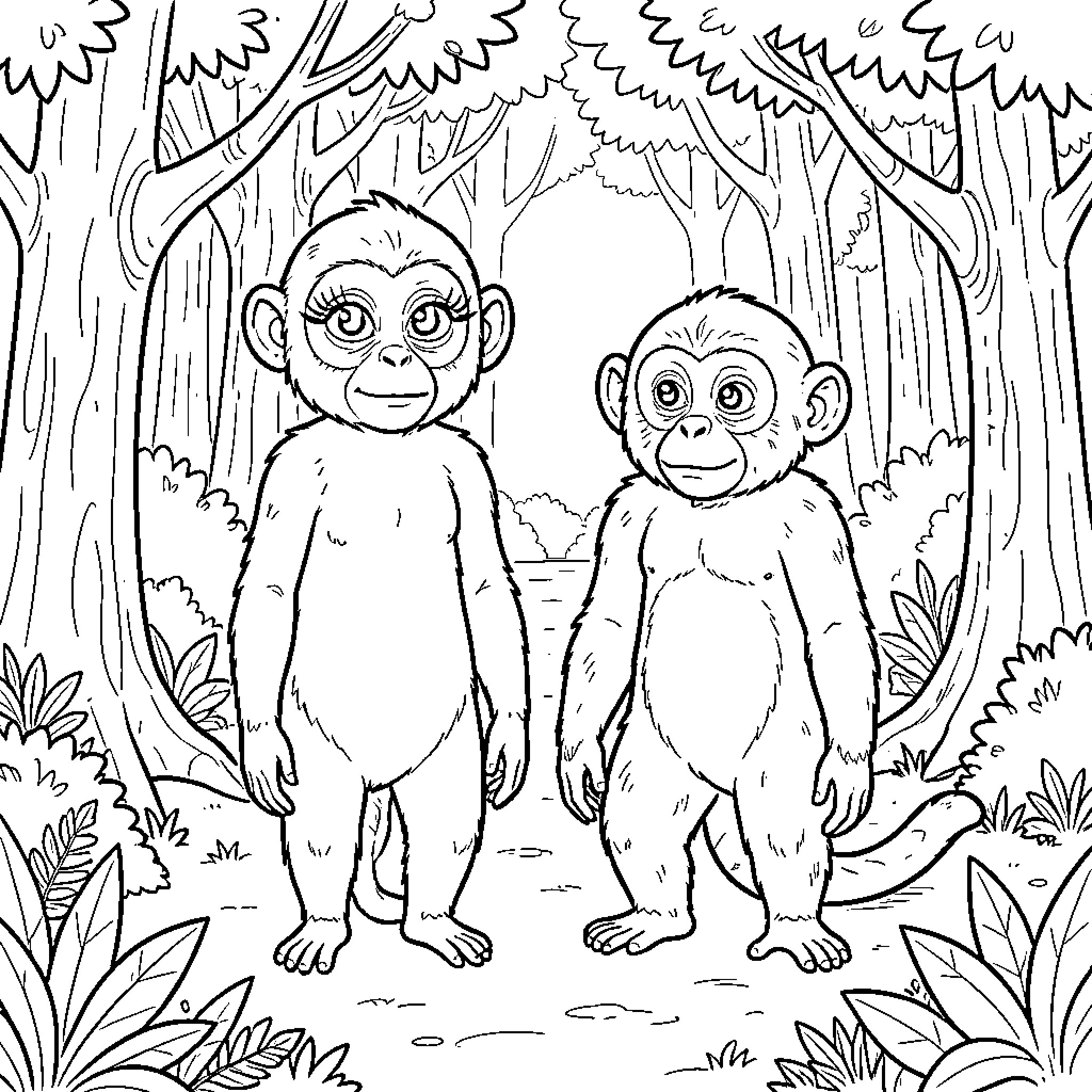 Singe monkeys standing together in a forest setting Coloring Page (free black-and-white line drawing printable PDF for all, from beginners to advanced learners, including children, teens, adults, and seniors)