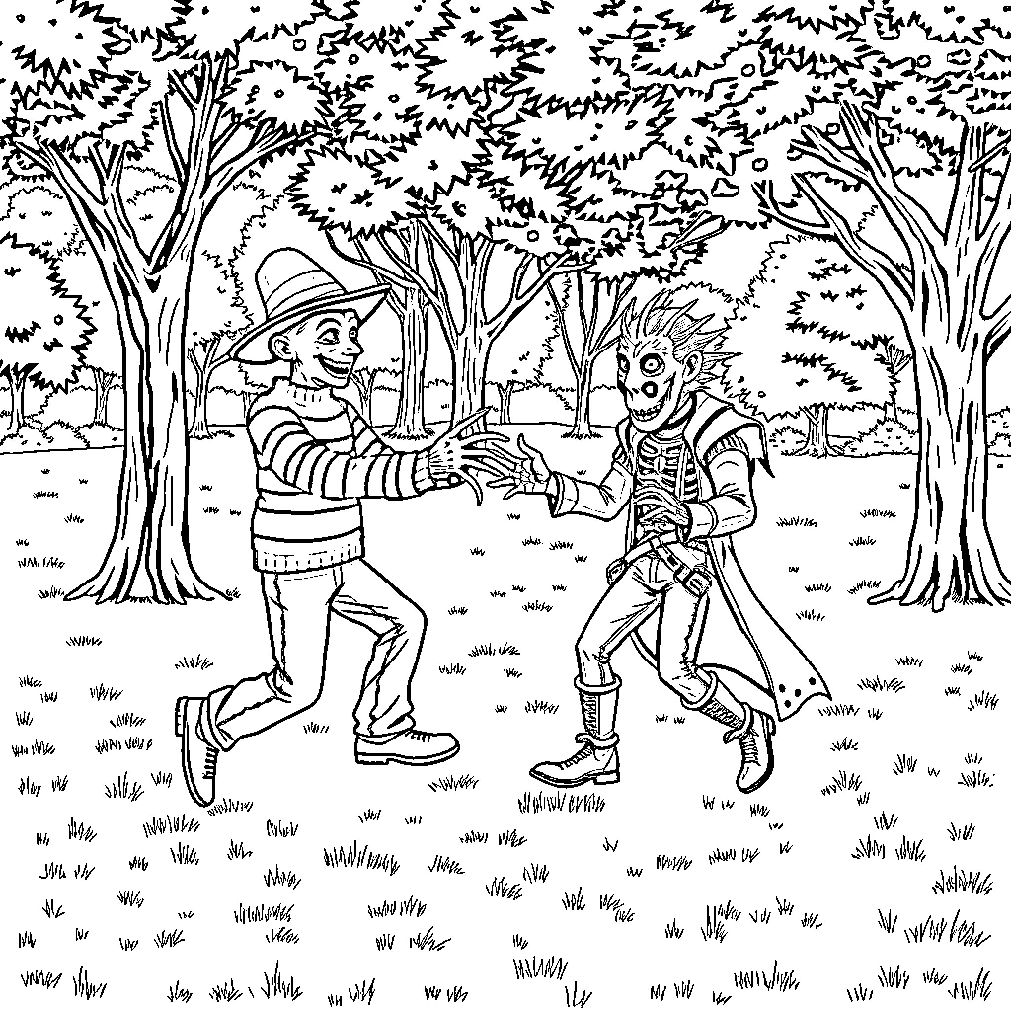 Freddy Kruger confronts a skeleton in the forest Coloring Page (free black-and-white line drawing printable PDF for all, from beginners to advanced learners, including children, teens, adults, and seniors)