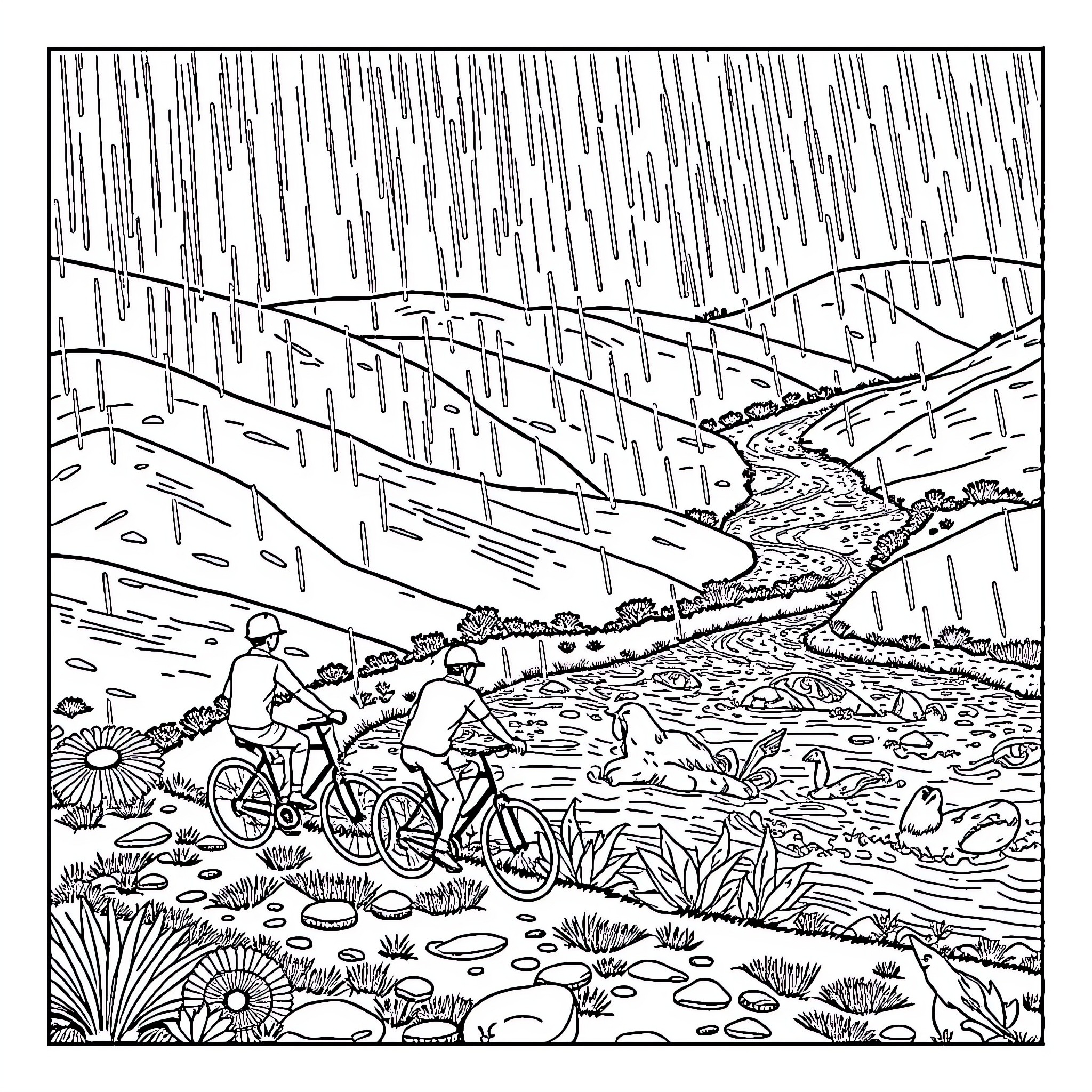 Man riding bicycle on winding path through rural landscape Coloring Page (free black-and-white line drawing printable PDF for all, from beginners to advanced learners, including children, teens, adults, and seniors)