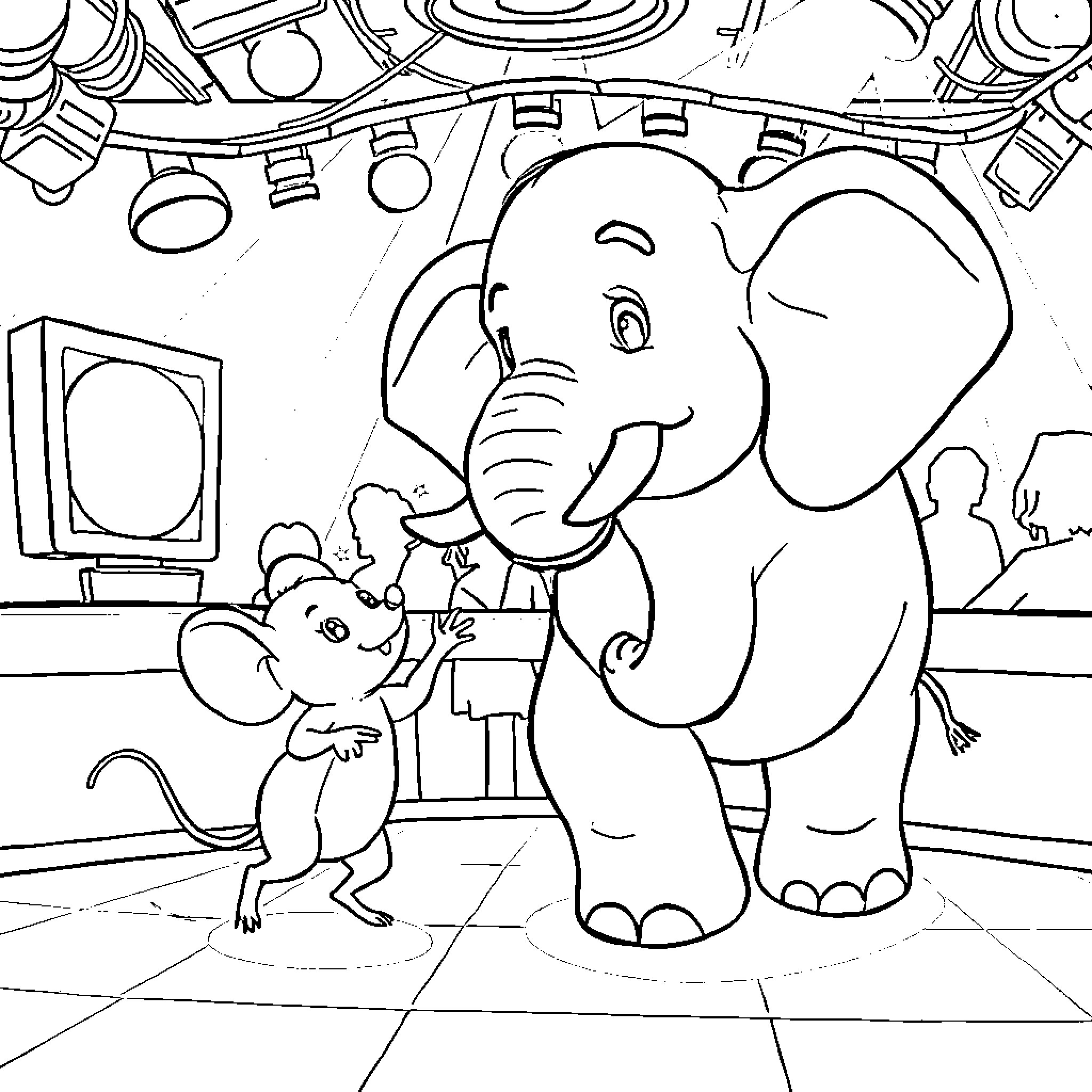 Mouse and elephant in playful interaction Coloring Page (free black-and-white line drawing printable PDF for all, from beginners to advanced learners, including children, teens, adults, and seniors)