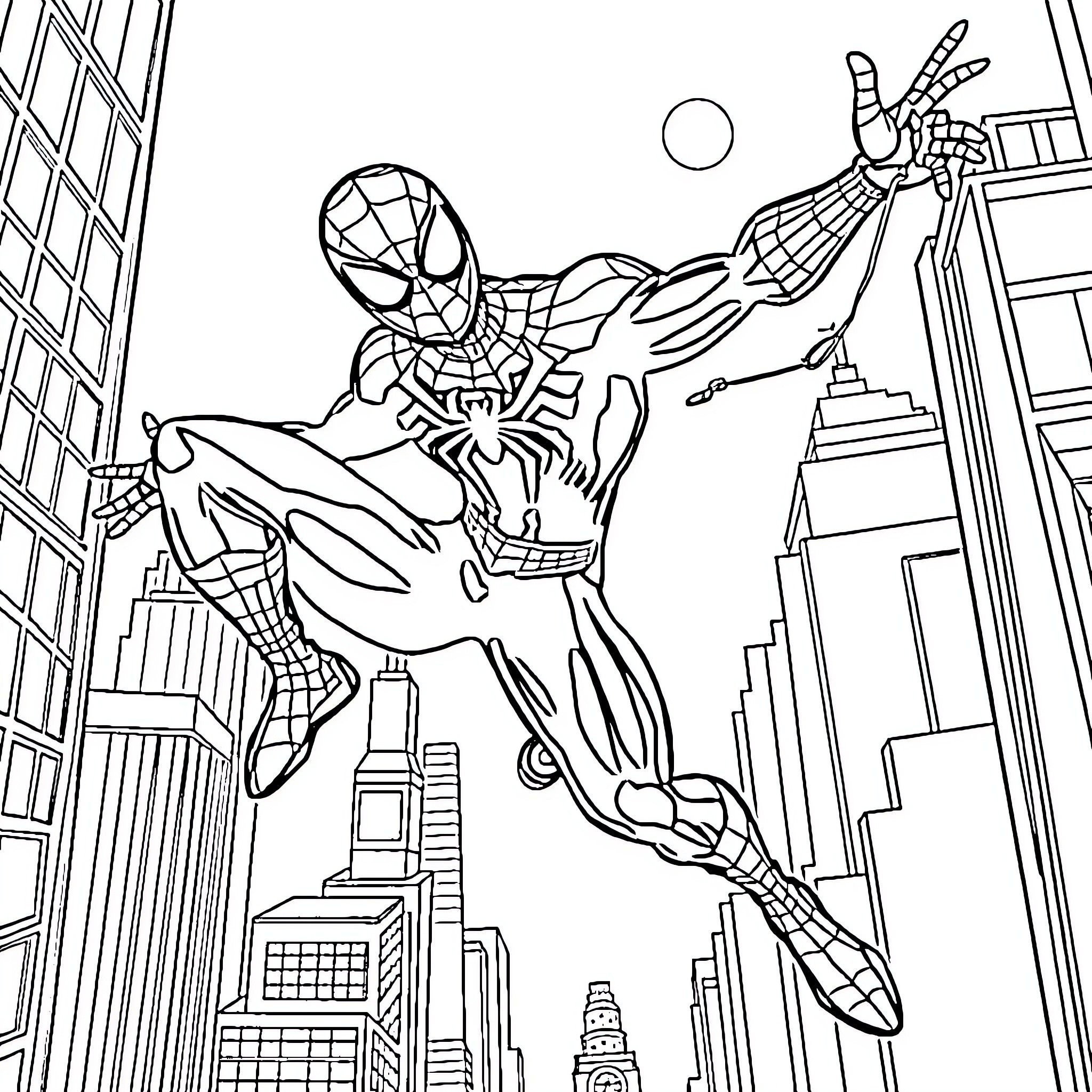 Spider-Man swinging through the city skyline Coloring Page (free black-and-white line drawing printable PDF for all, from beginners to advanced learners, including children, teens, adults, and seniors)