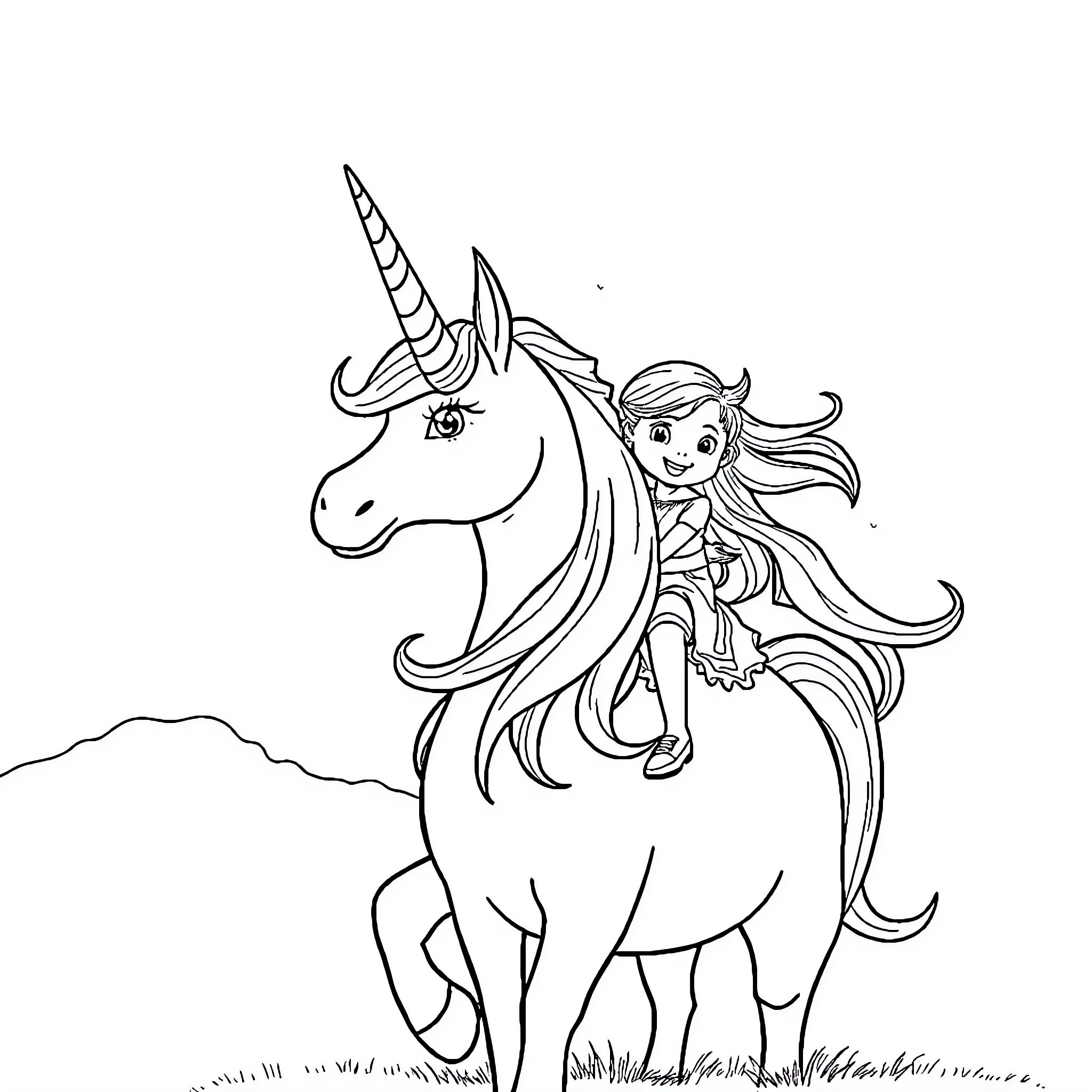 Unicorn and girl in whimsical adventure Coloring Page (free black-and-white line drawing printable PDF for all, from beginners to advanced learners, including children, teens, adults, and seniors)