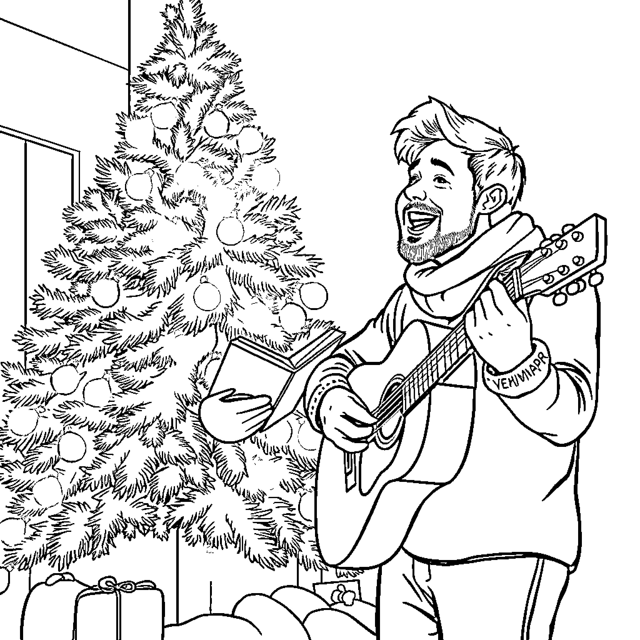 Dan and Shay perform joyfully near Christmas tree Coloring Page (free black-and-white line drawing printable PDF for all, from beginners to advanced learners, including children, teens, adults, and seniors)