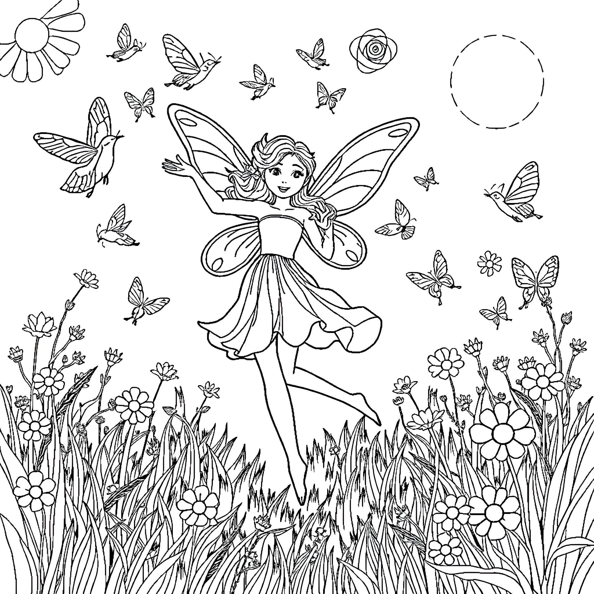 Fairy flying amidst butterflies and flowers Coloring Page (free black-and-white line drawing printable PDF for all, from beginners to advanced learners, including children, teens, adults, and seniors)
