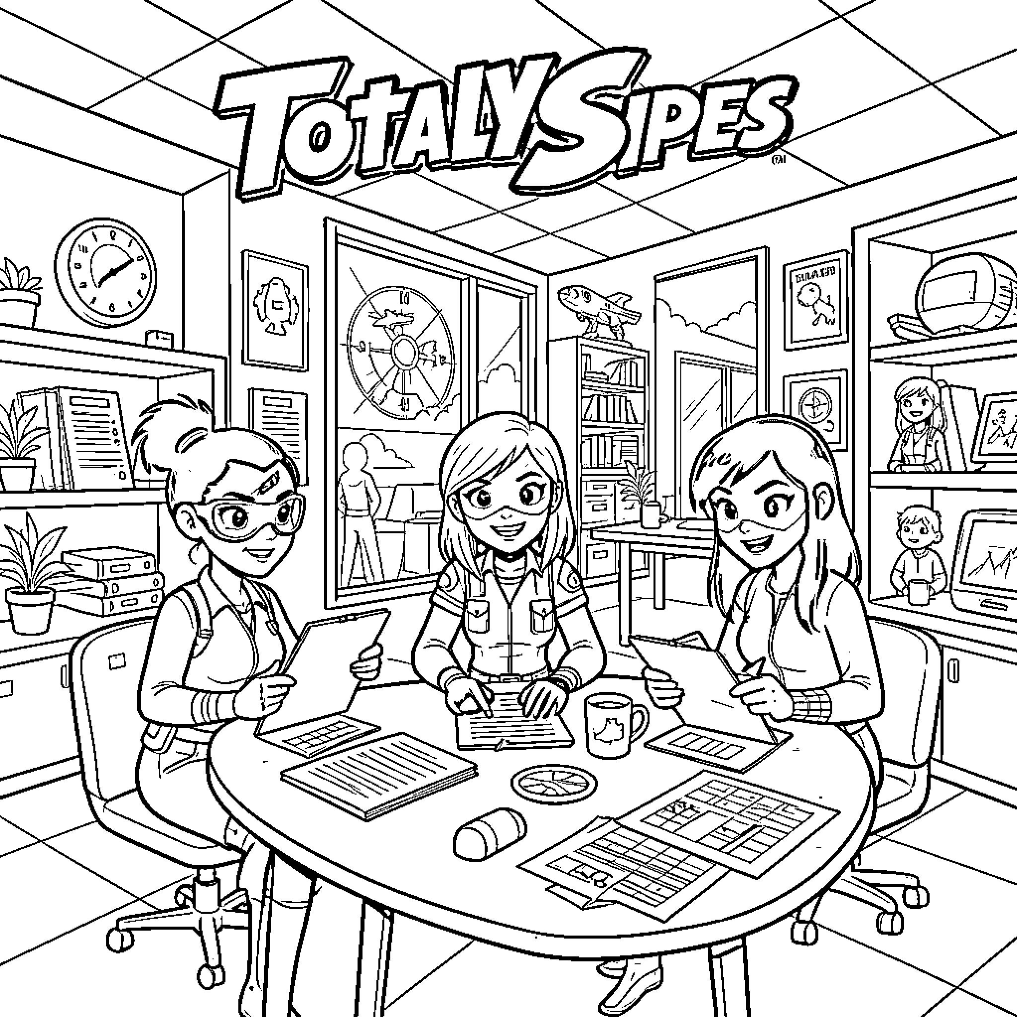 Totally Spies characters working together at a table Coloring Page (free black-and-white line drawing printable PDF for all, from beginners to advanced learners, including children, teens, adults, and seniors)