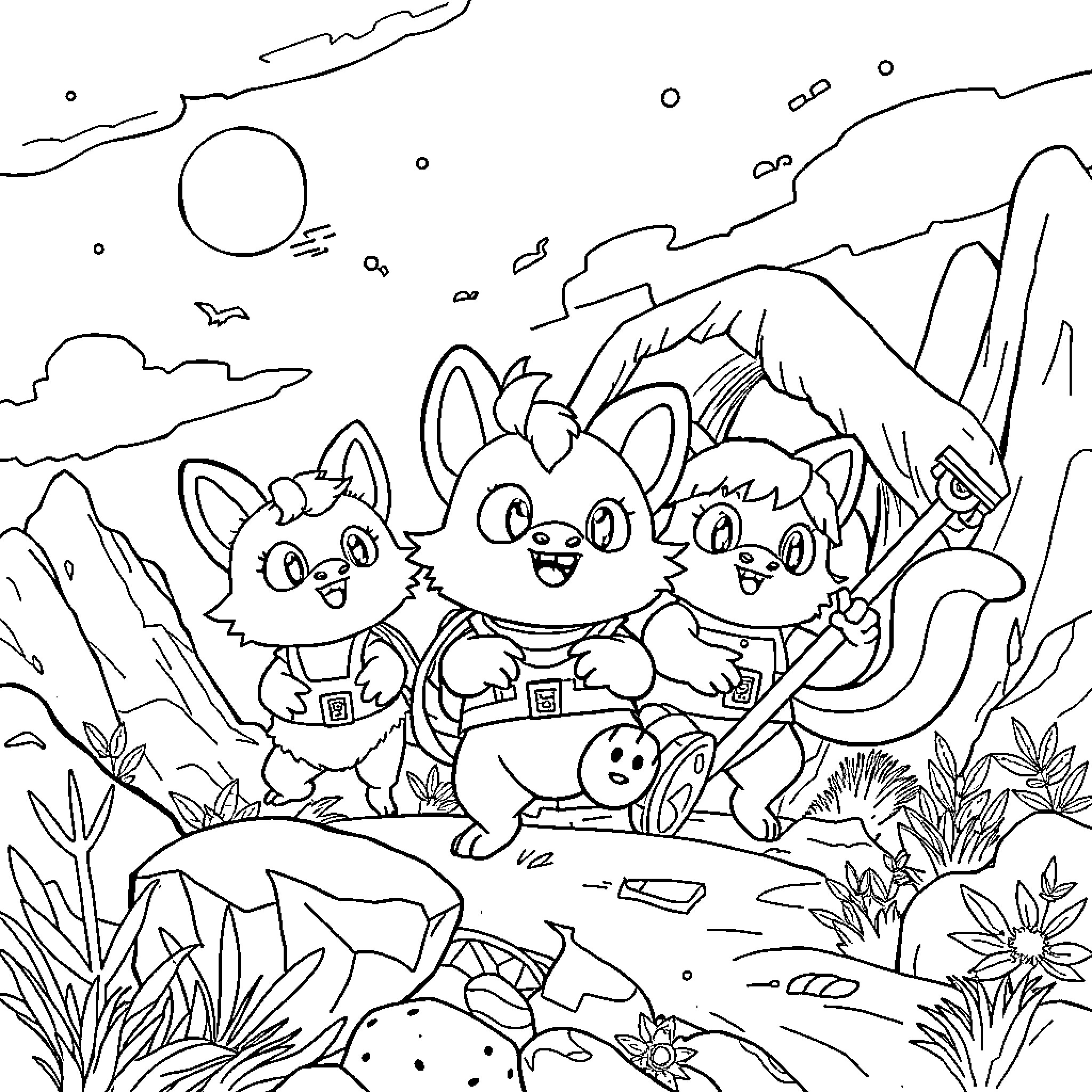 Mechamato characters enjoying an adventure in the outdoors Coloring Page (free black-and-white line drawing printable PDF for all, from beginners to advanced learners, including children, teens, adults, and seniors)