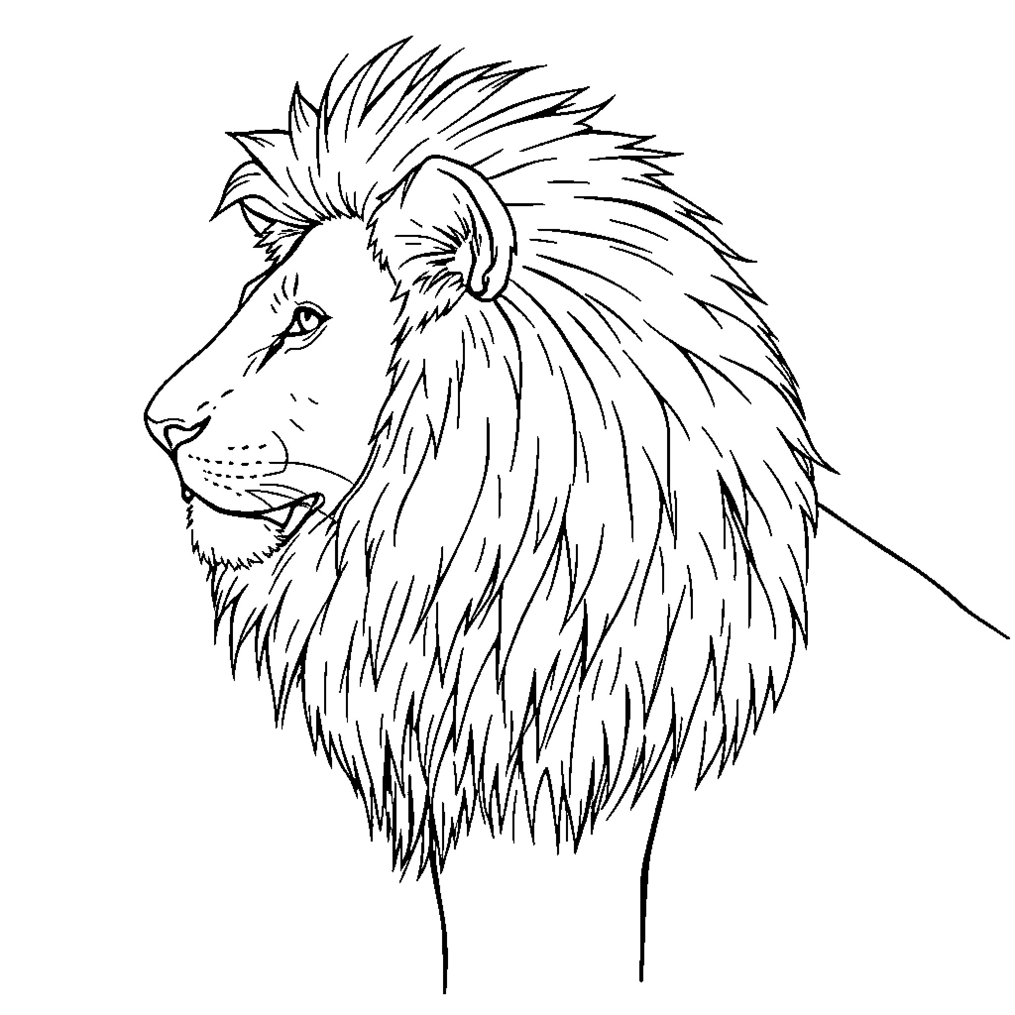 Lion with majestic mane in profile view Coloring Page (free black-and-white line drawing printable PDF for all, from beginners to advanced learners, including children, teens, adults, and seniors)