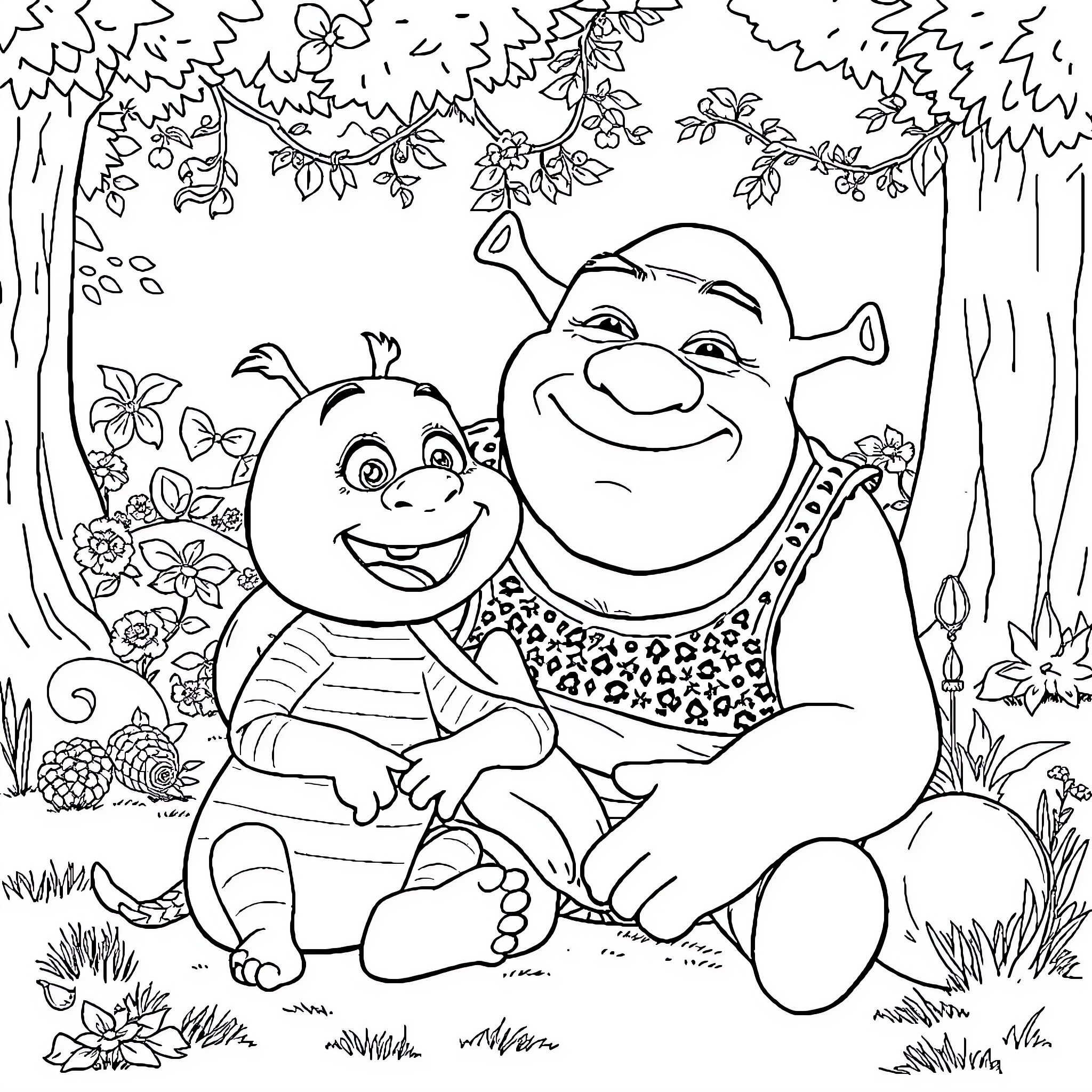 Plim Plim: Happy Friends in the Enchanted Forest Coloring Page (free black-and-white line drawing printable PDF for all, from beginners to advanced learners, including children, teens, adults, and seniors)