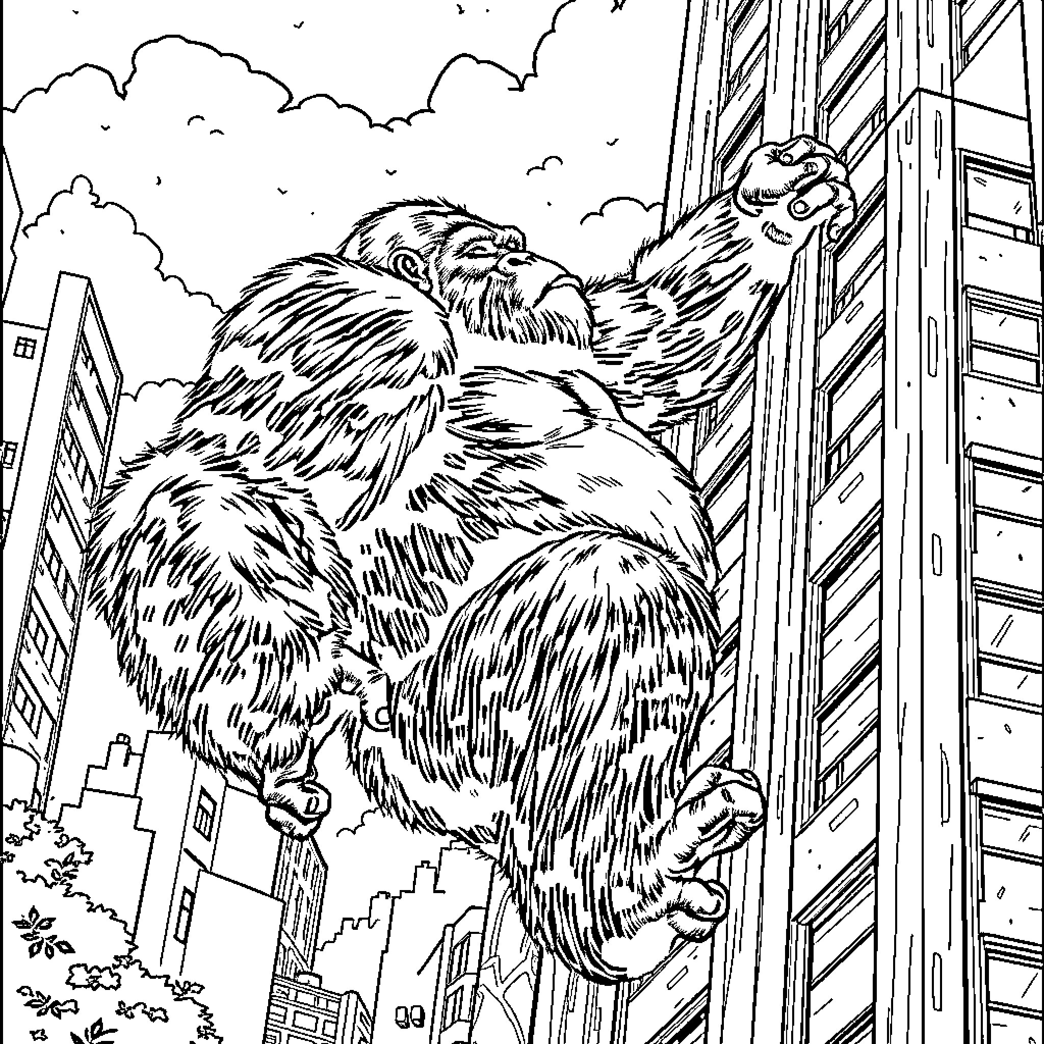Gorilla climbing on skyscraper in the city Coloring Page (free black-and-white line drawing printable PDF for all, from beginners to advanced learners, including children, teens, adults, and seniors)