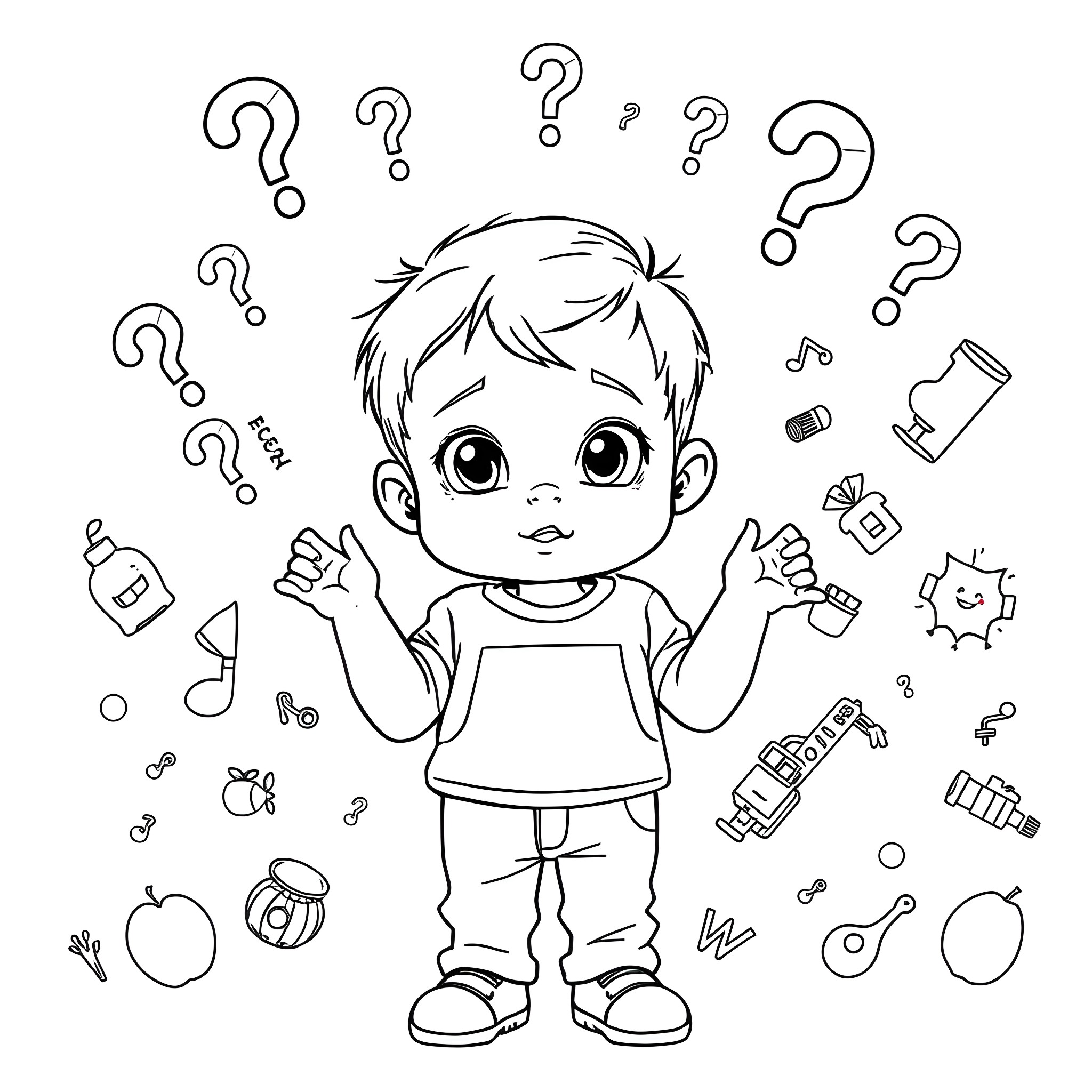 Kid Wondering with Many Question Marks around Coloring Page (free black-and-white line drawing printable PDF for all, from beginners to advanced learners, including children, teens, adults, and seniors)