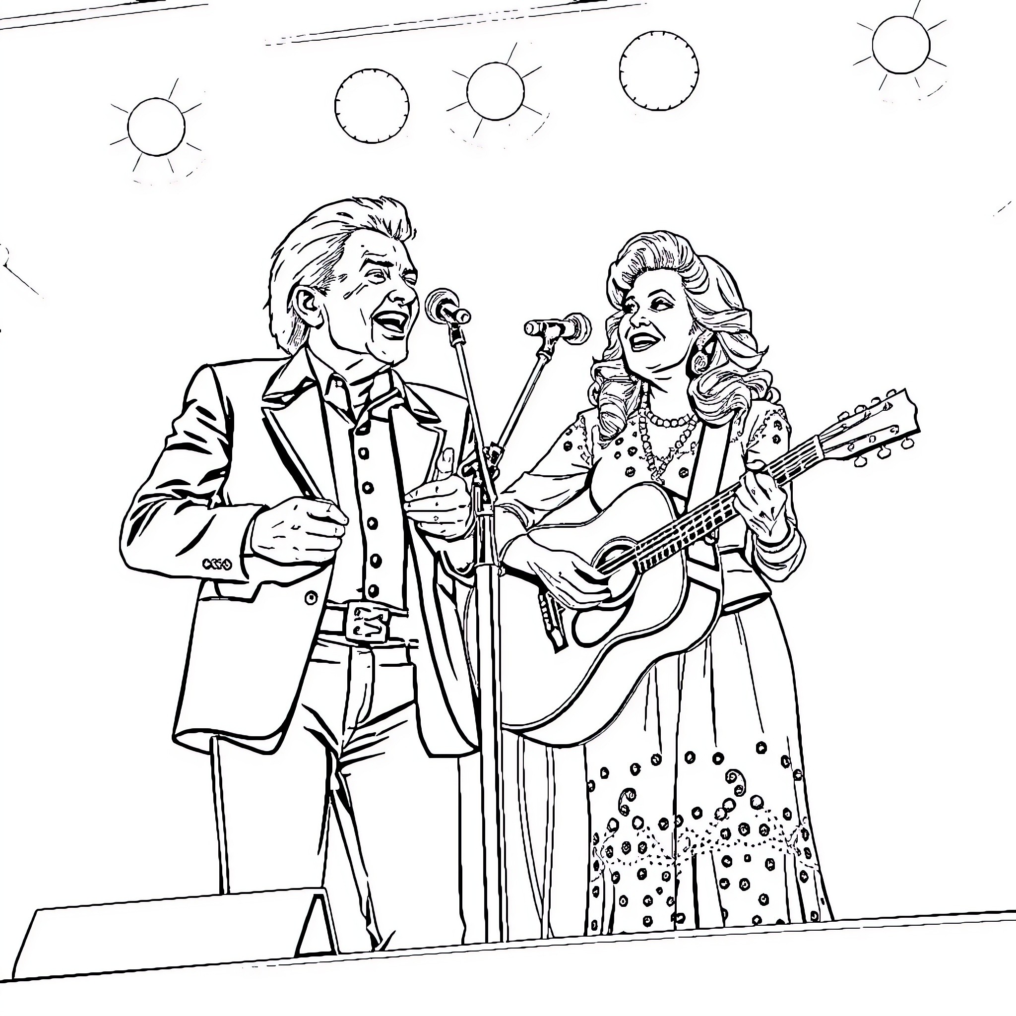 George Jones and wife performing on stage Coloring Page (free black-and-white line drawing printable PDF for all, from beginners to advanced learners, including children, teens, adults, and seniors)