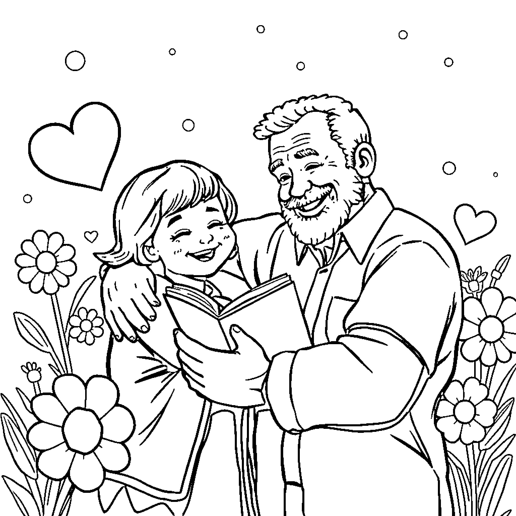 Dad reading happily with child in the garden Coloring Page (free black-and-white line drawing printable PDF for all, from beginners to advanced learners, including children, teens, adults, and seniors)