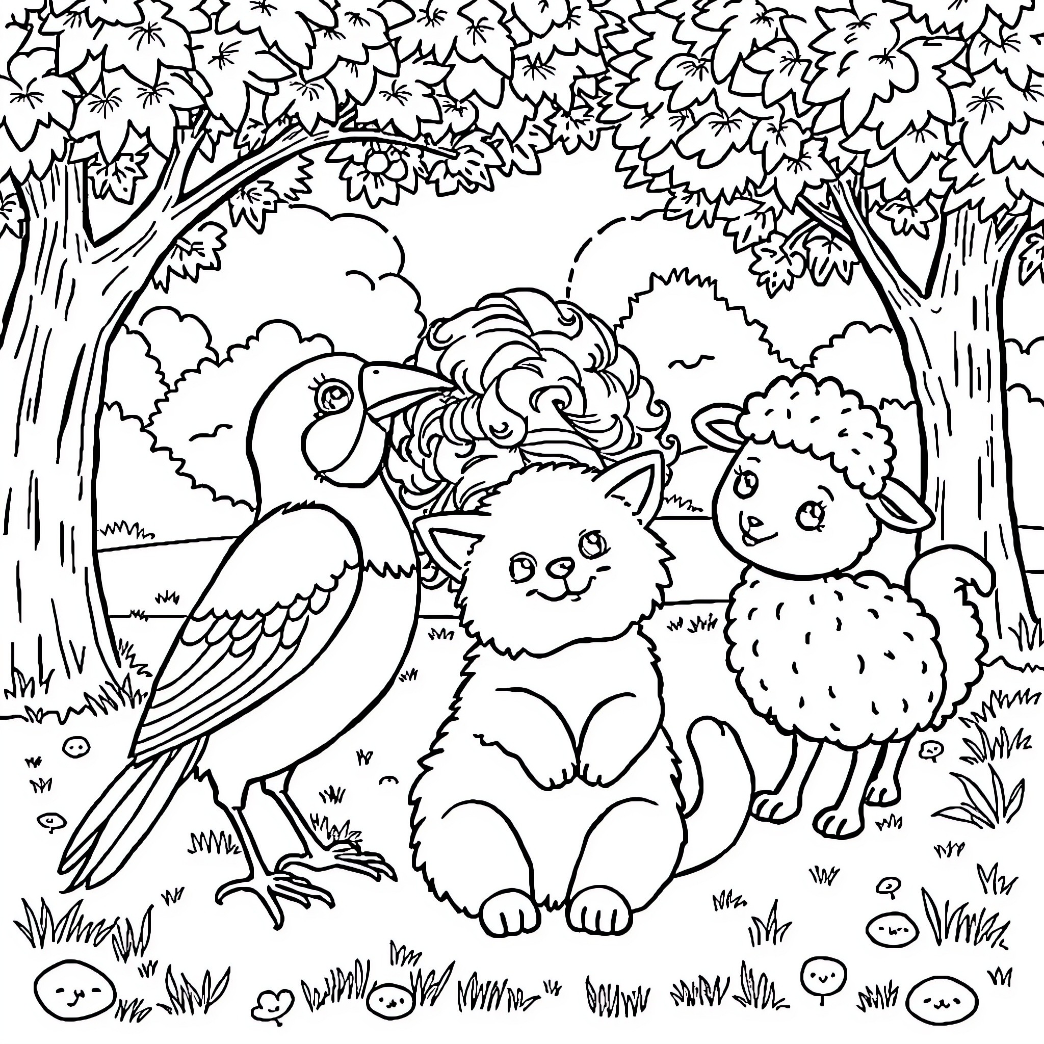 Birds and Furry Friends in the Forest Coloring Page (free black-and-white line drawing printable PDF for all, from beginners to advanced learners, including children, teens, adults, and seniors)