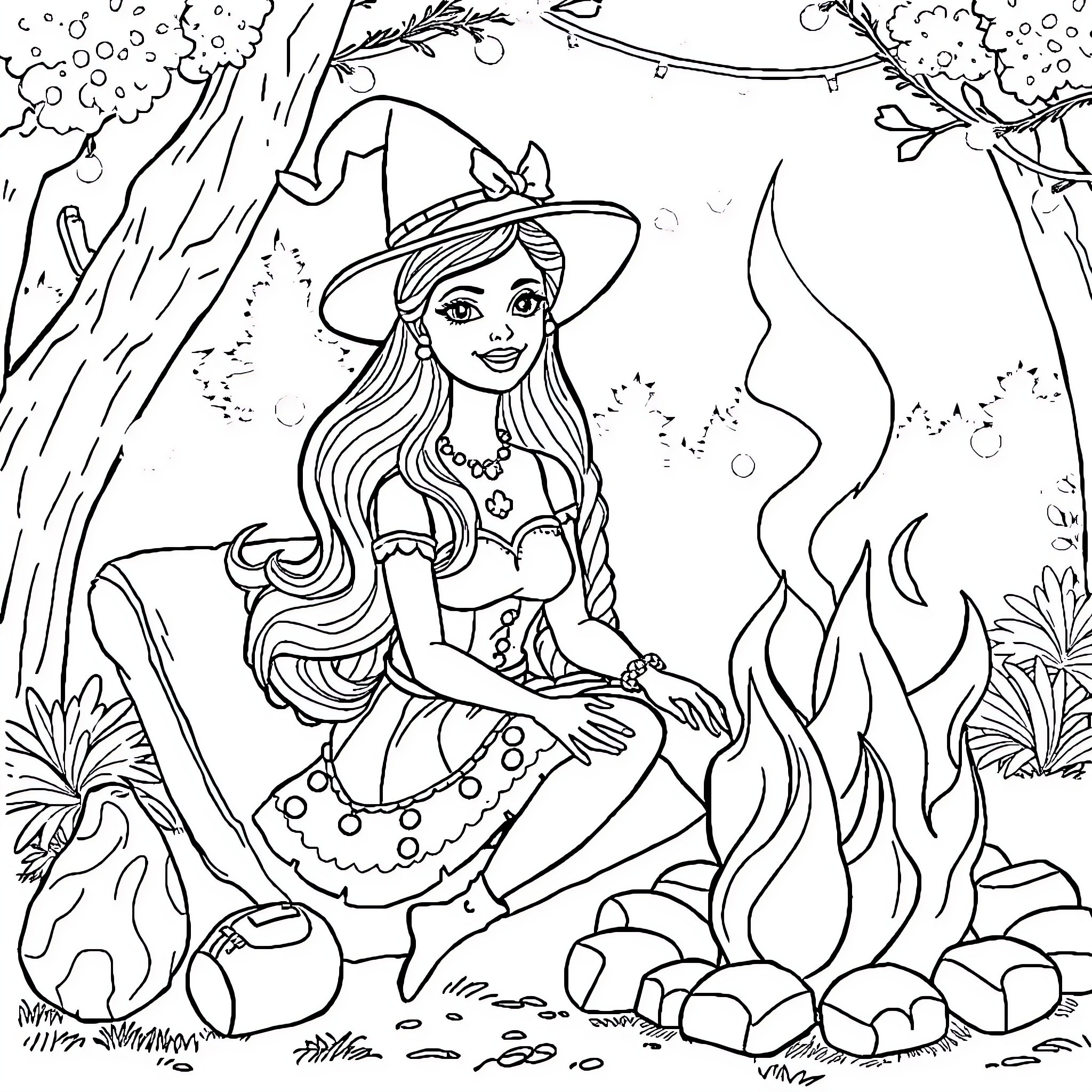 Barbie Relaxing in the Enchanted Forest Coloring Page (free black-and-white line drawing printable PDF for all, from beginners to advanced learners, including children, teens, adults, and seniors)