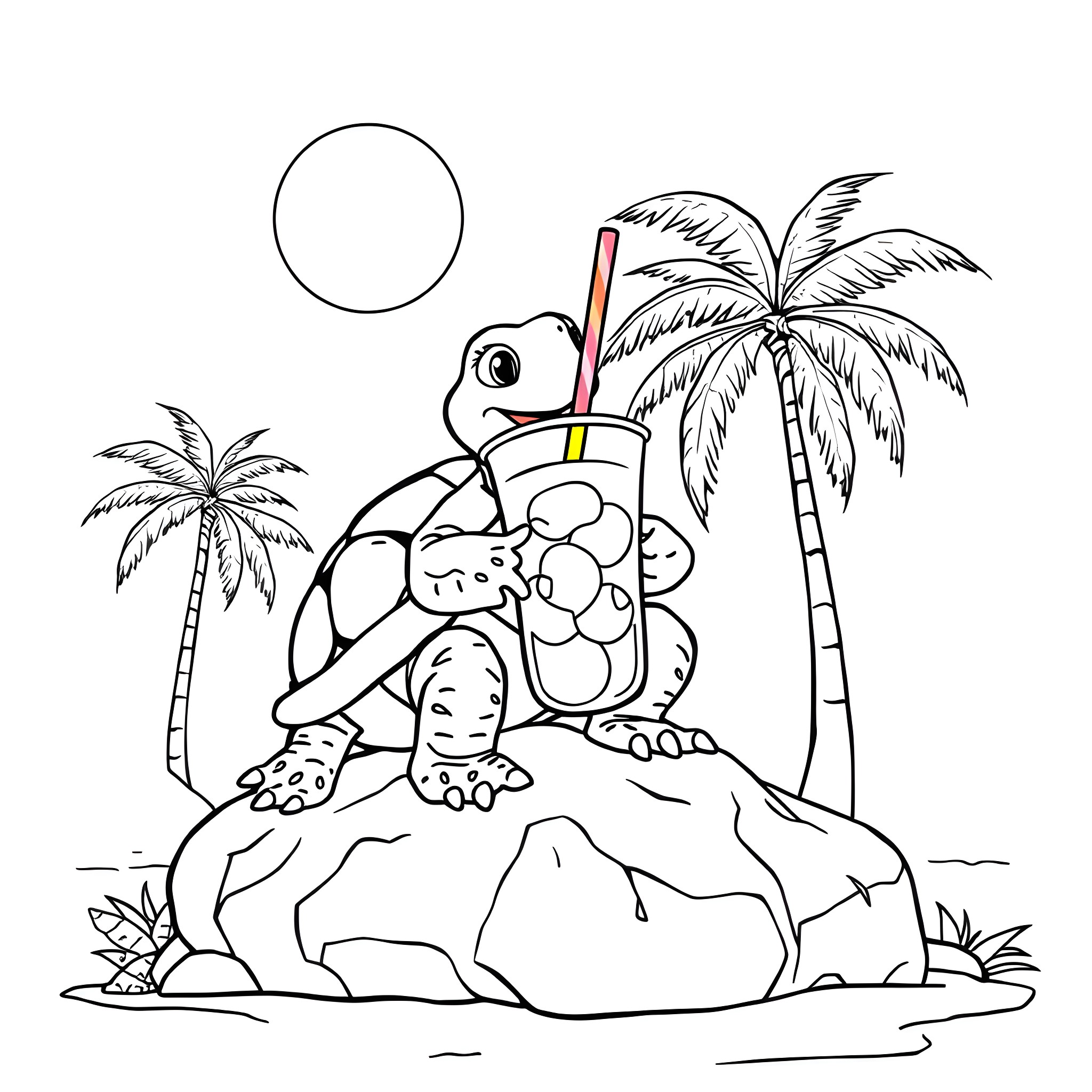 Turtle relaxing on the beach with a refreshing drink Coloring Page (free black-and-white line drawing printable PDF for all, from beginners to advanced learners, including children, teens, adults, and seniors)