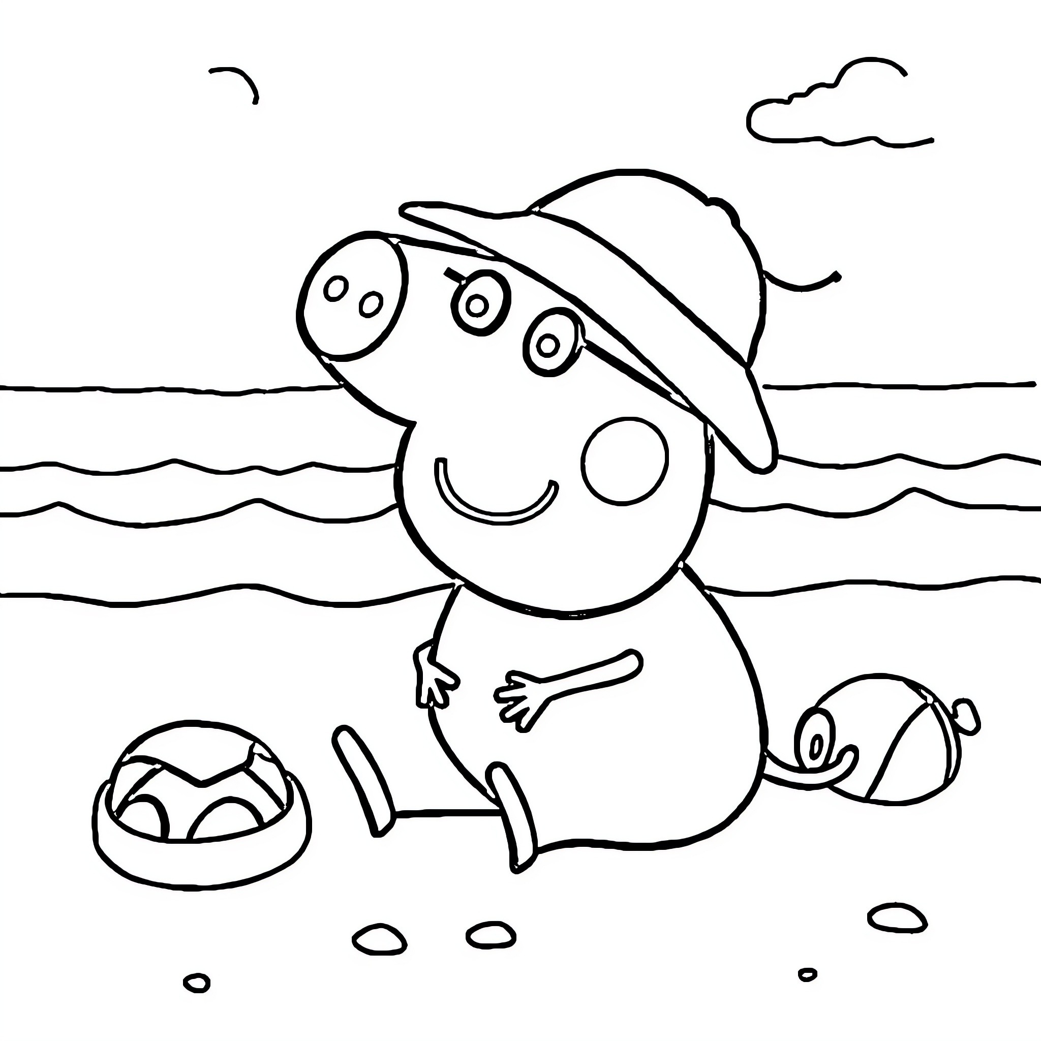 Peppa Pig enjoying a day at the beach Coloring Page (free black-and-white line drawing printable PDF for all, from beginners to advanced learners, including children, teens, adults, and seniors)
