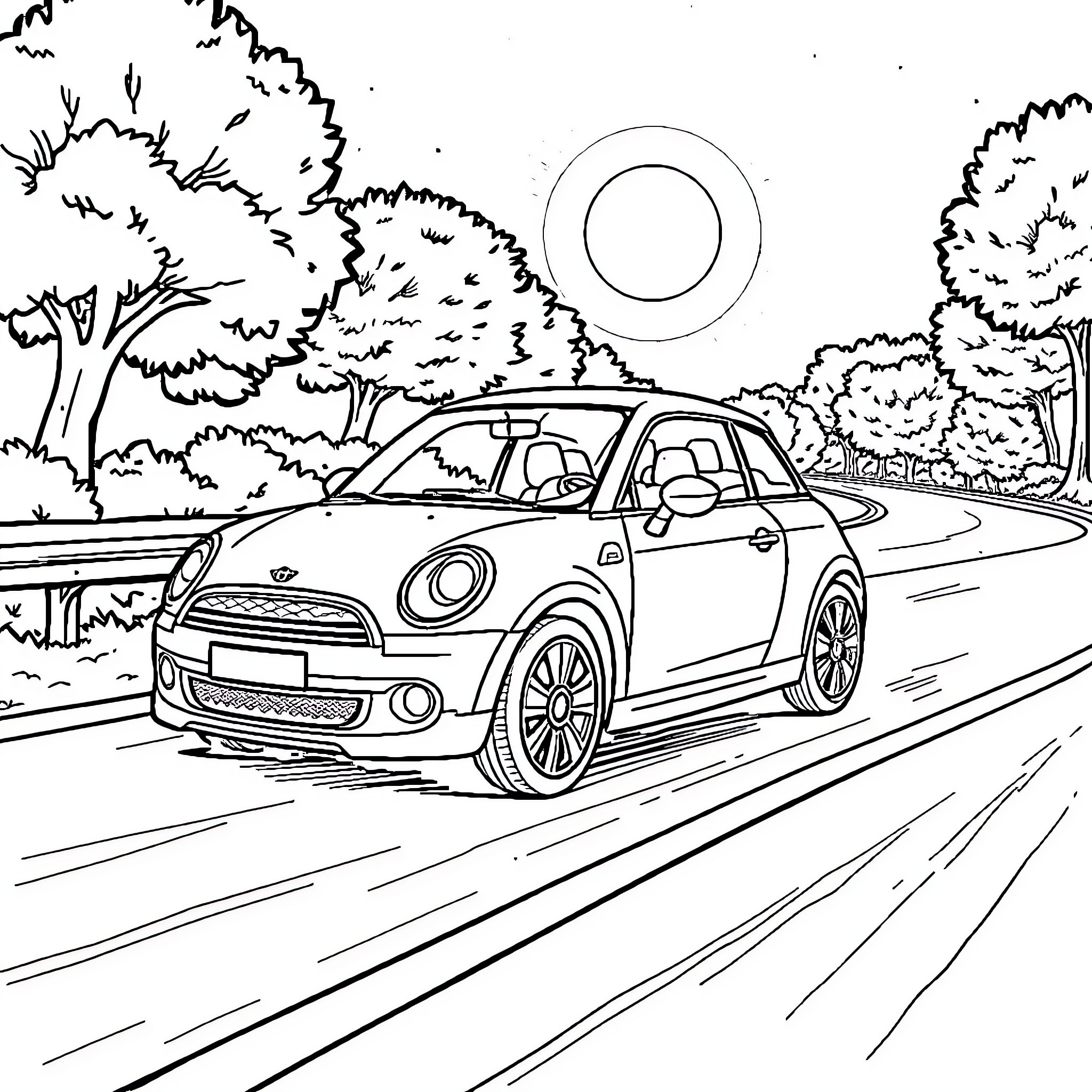 Car driving peacefully through scenic landscape Coloring Page (free black-and-white line drawing printable PDF for all, from beginners to advanced learners, including children, teens, adults, and seniors)