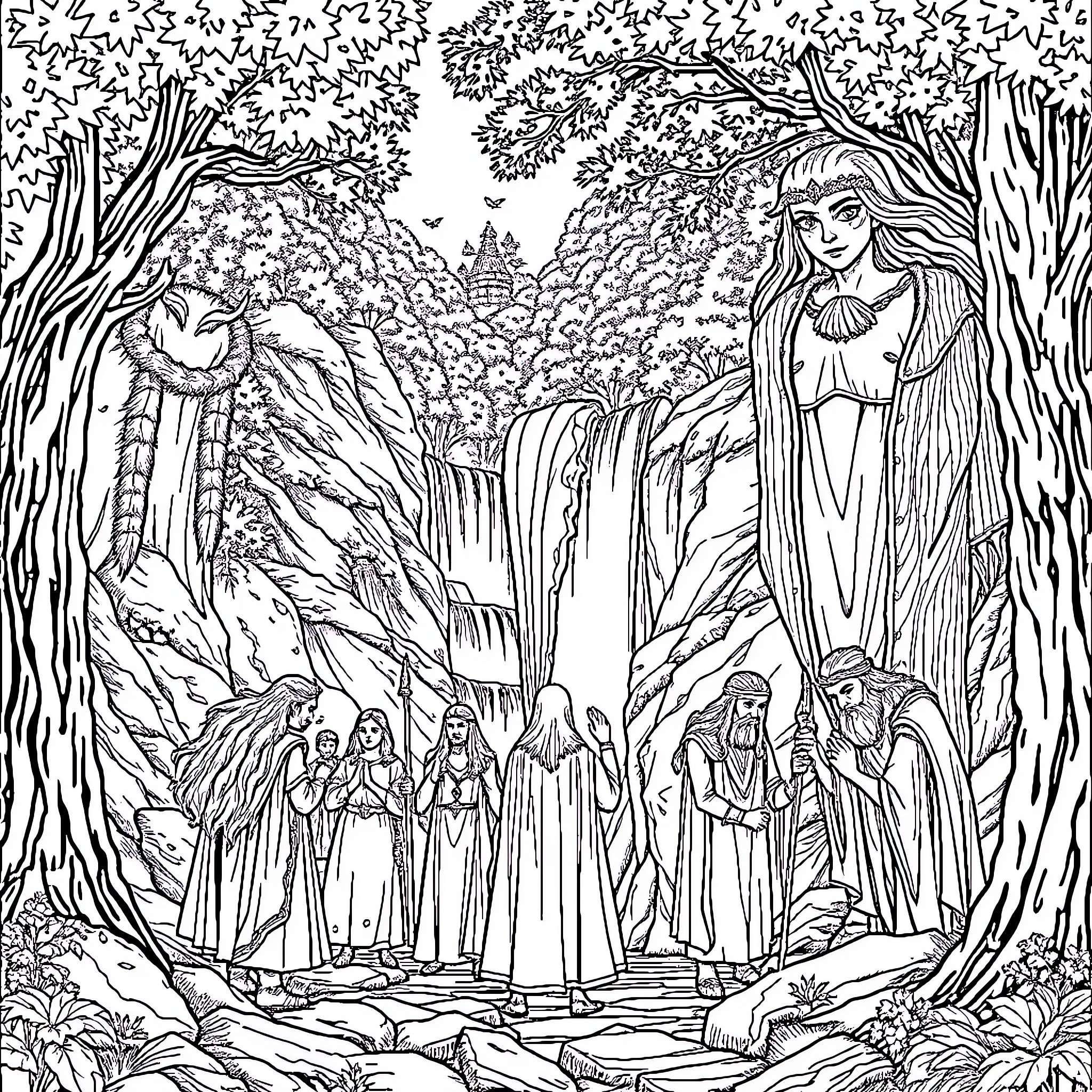 Fellowship in the Enchanted Forest Coloring Page (free black-and-white line drawing printable PDF for all, from beginners to advanced learners, including children, teens, adults, and seniors)