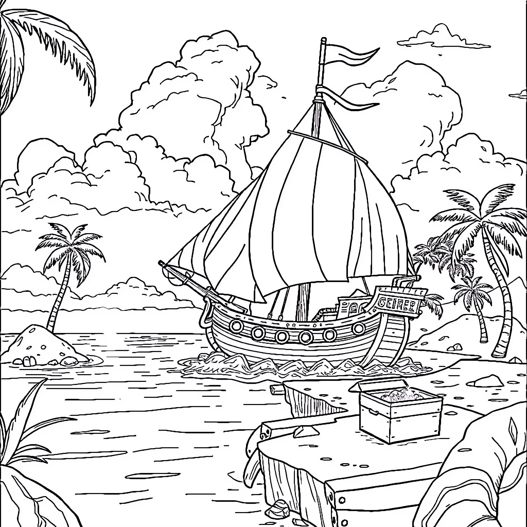 Bateau Pirate embarking on a tropical adventure Coloring Page (free black-and-white line drawing printable PDF for all, from beginners to advanced learners, including children, teens, adults, and seniors)