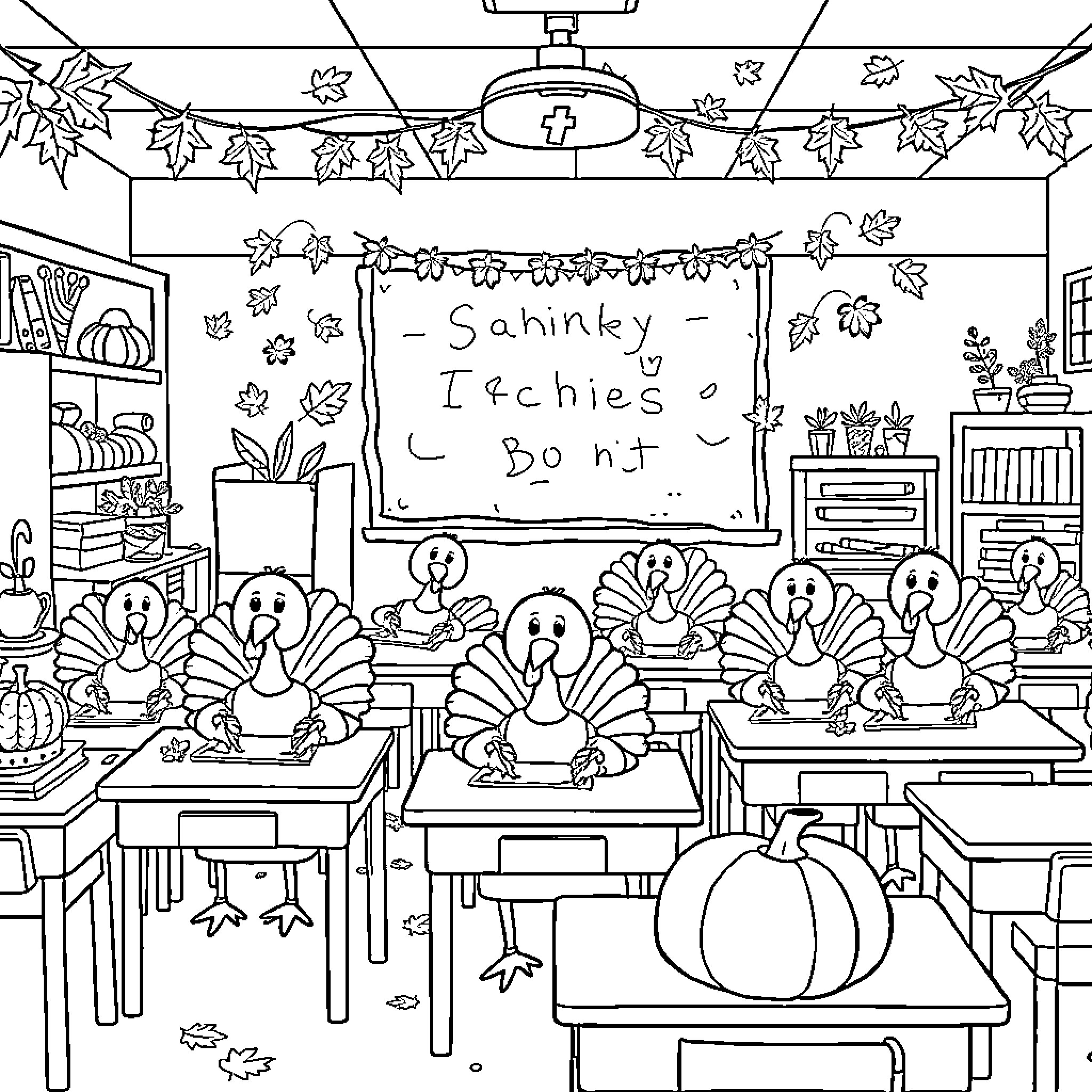 Turkey-shaped characters in a festive classroom Coloring Page (free black-and-white line drawing printable PDF for all, from beginners to advanced learners, including children, teens, adults, and seniors)