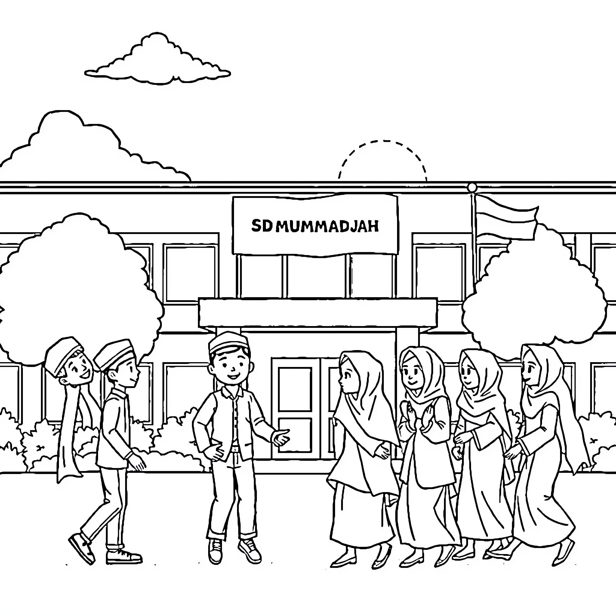 Students in front of school building Coloring Page (free black-and-white line drawing printable PDF for all, from beginners to advanced learners, including children, teens, adults, and seniors)
