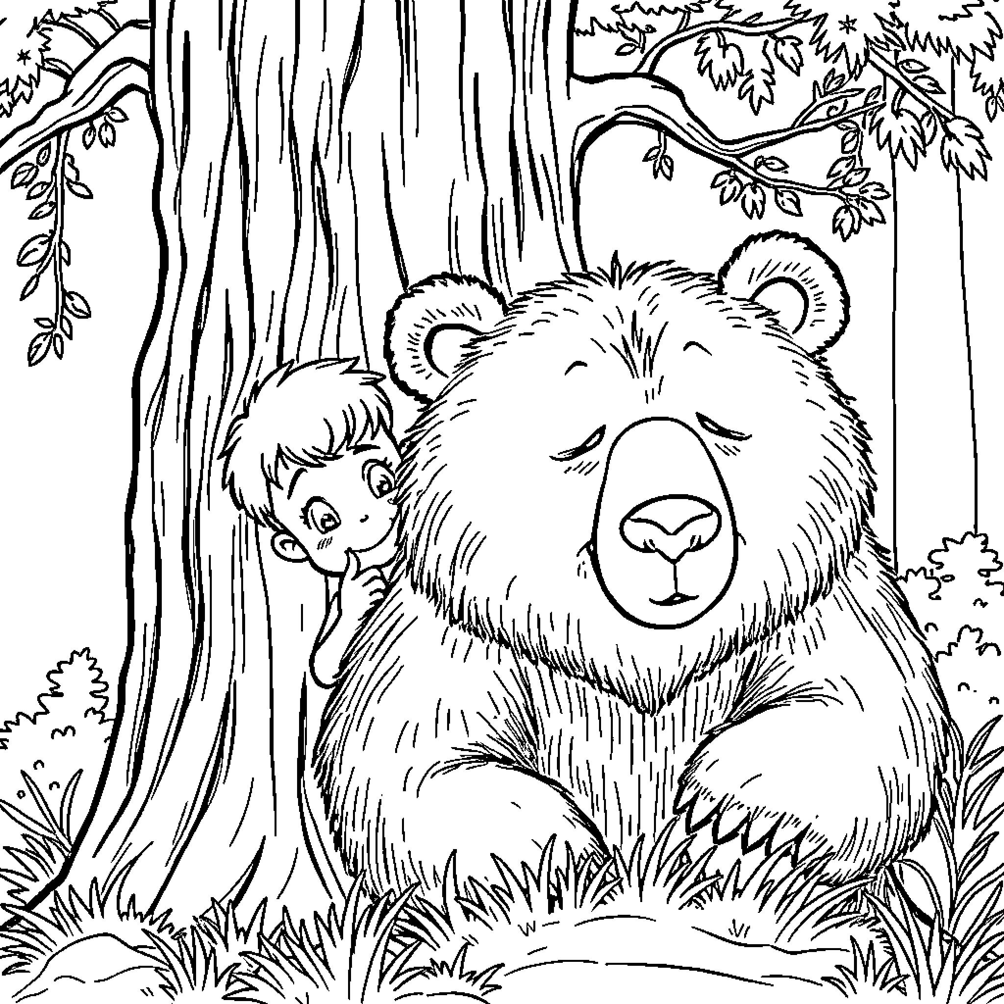 Boy Exploring Peaceful Forest with Gentle Bear Coloring Page (free black-and-white line drawing printable PDF for all, from beginners to advanced learners, including children, teens, adults, and seniors)
